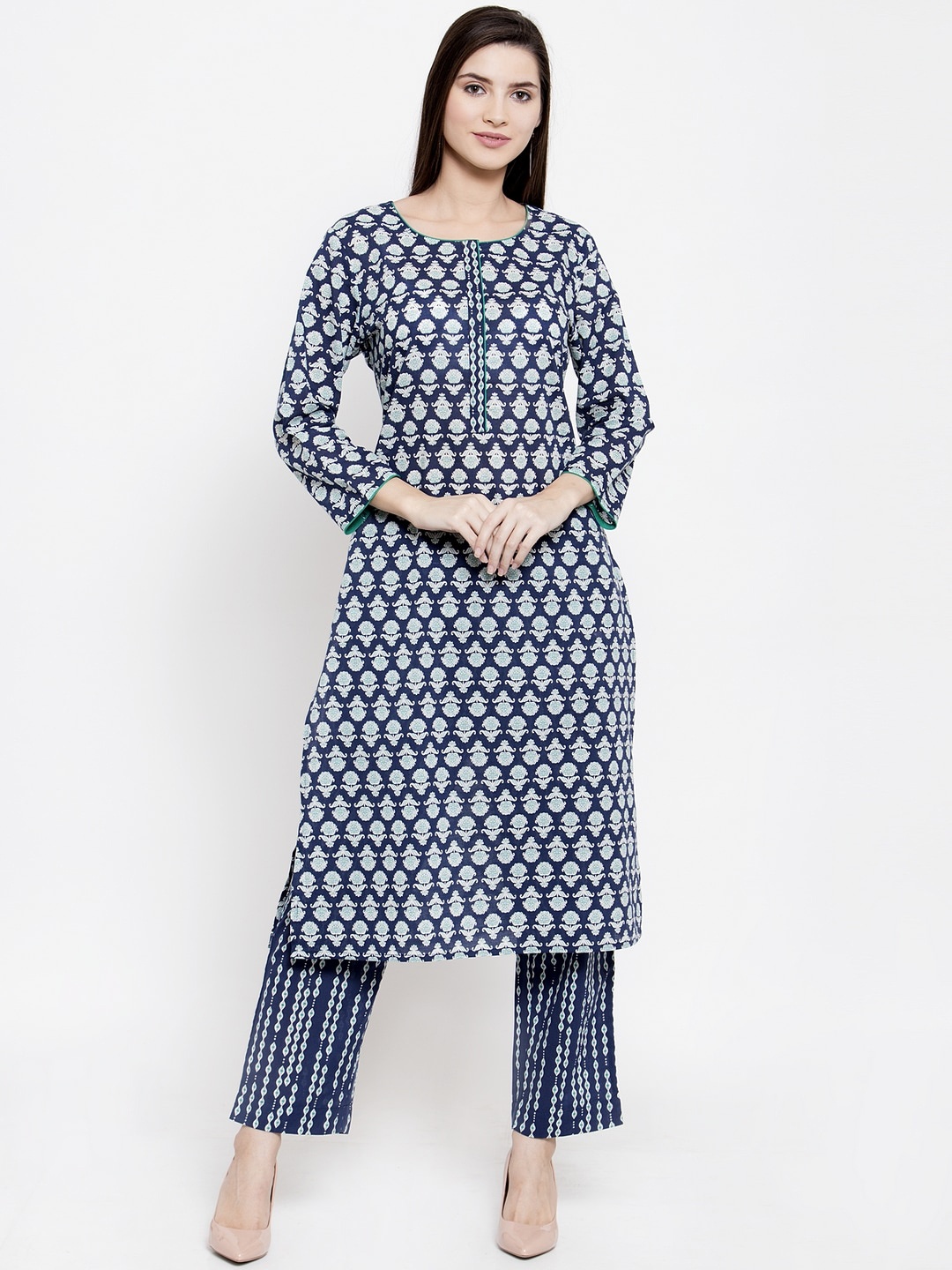 

The Kurta Express Women Navy Blue & White Printed Kurta with Trousers