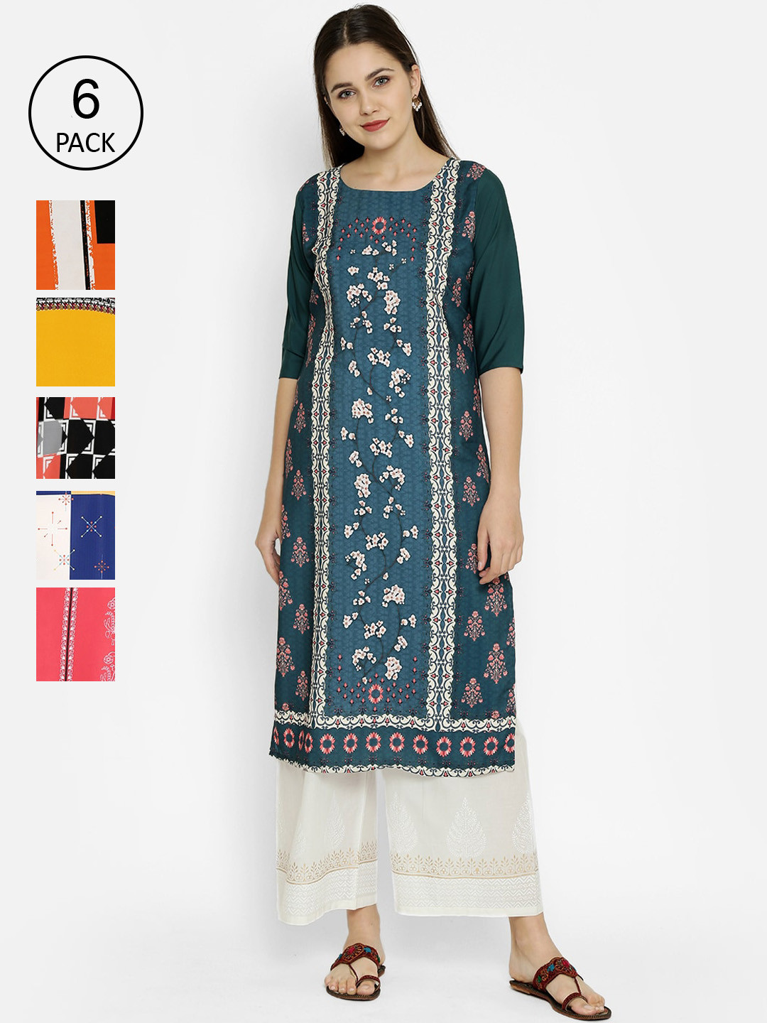 

7Threads Pack of 5 Multicoloured Ethnic Motifs Printed Sequins Crepe Kurta, Multi