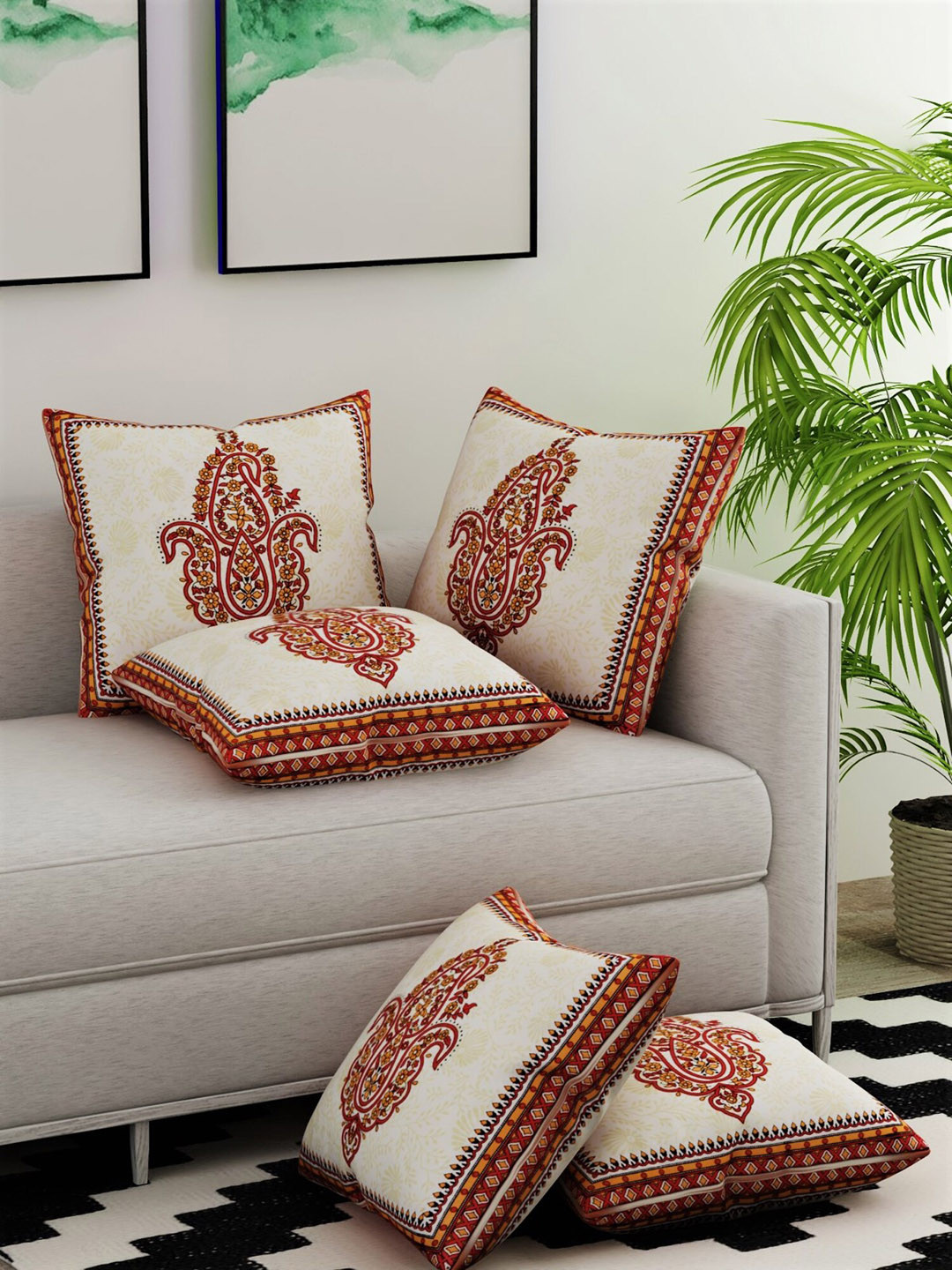 

Salona Bichona Red & Off-White Set of 5 Ethnic Motifs Square Cushion Covers