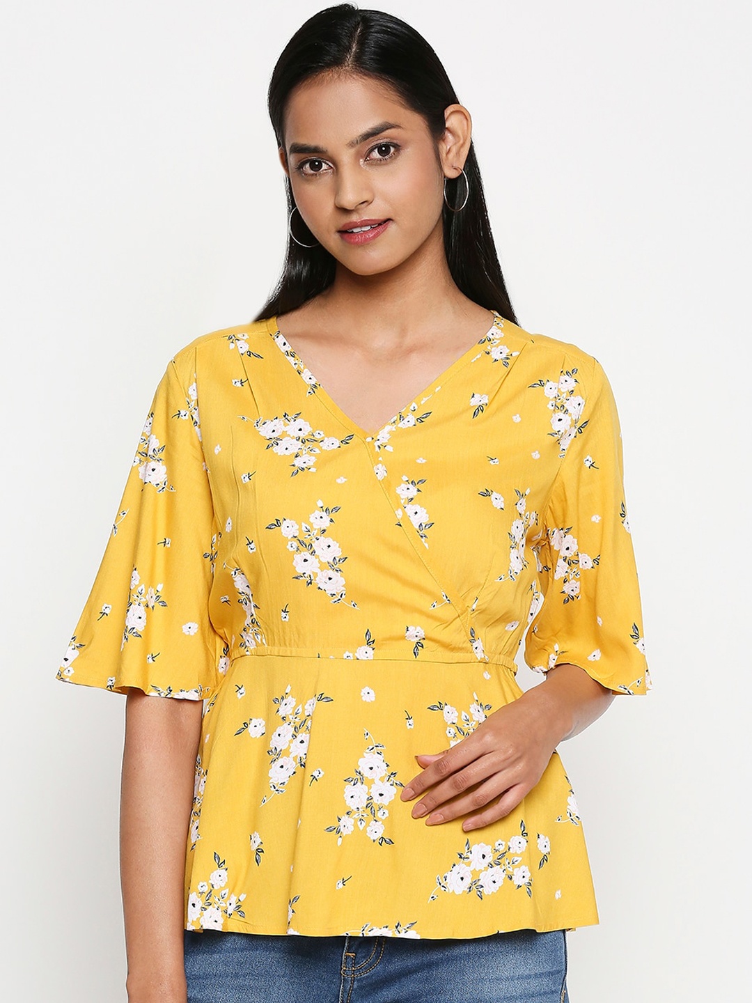 

Honey by Pantaloons Yellow Floral Printed Flared Sleeves Cinched Waist Top