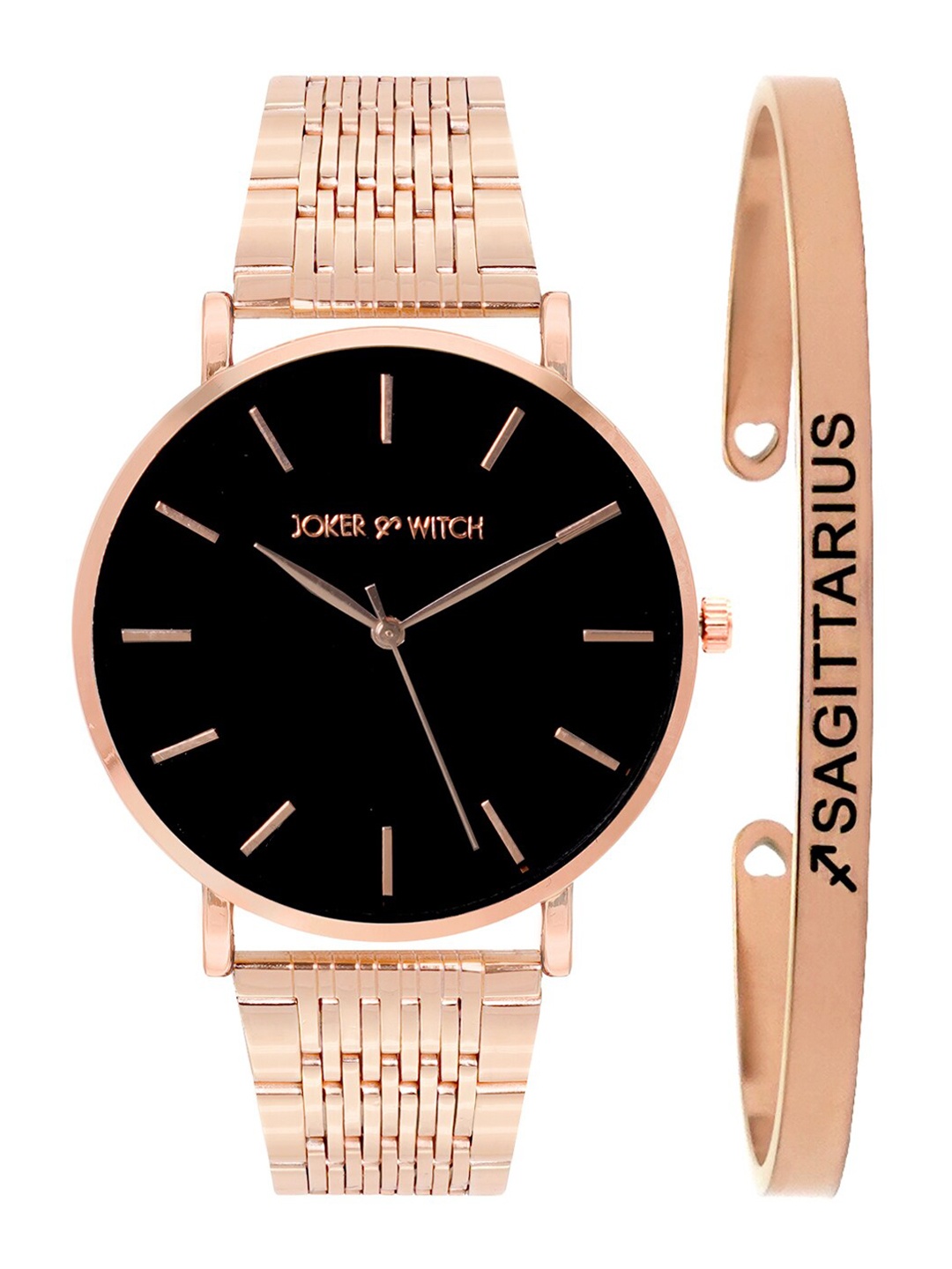 

JOKER & WITCH Women Black & Rose Gold-Toned Signature Sagittarius Watch & Bracelet Gift Set JWBS311