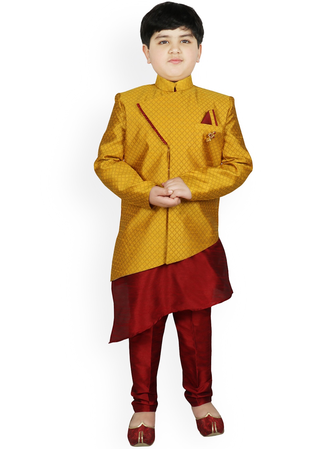 

SG YUVRAJ Boys Yellow & Red Woven-Design Raw Silk Sherwani