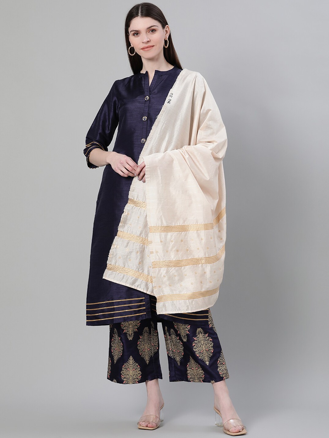 

ZIYAA Women Navy Blue & Gold-Toned Solid Kurta with Palazzos & Dupatta
