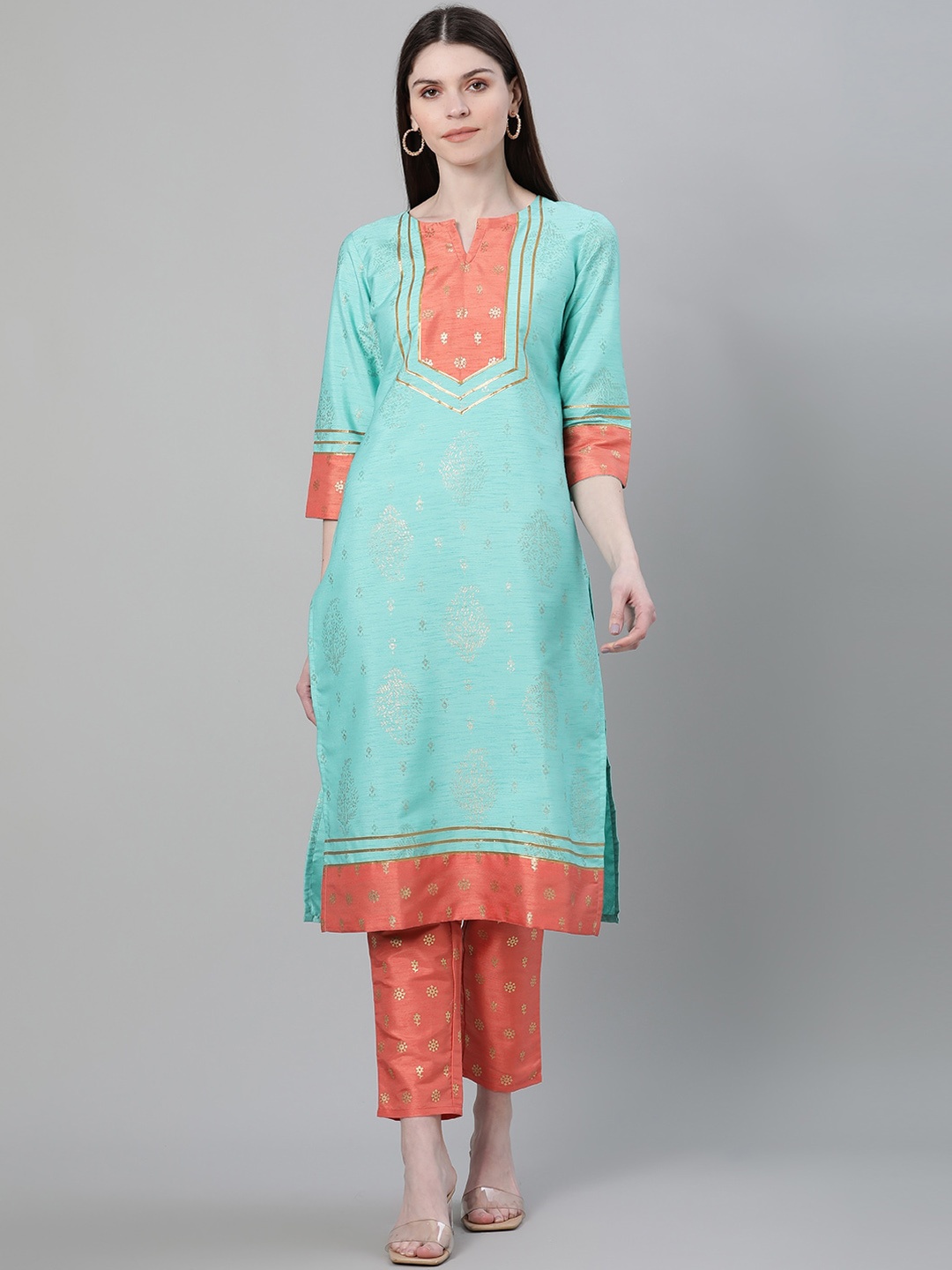 

ZIYAA Women Turquoise Blue & Peach Yoke Design Straight Kurta