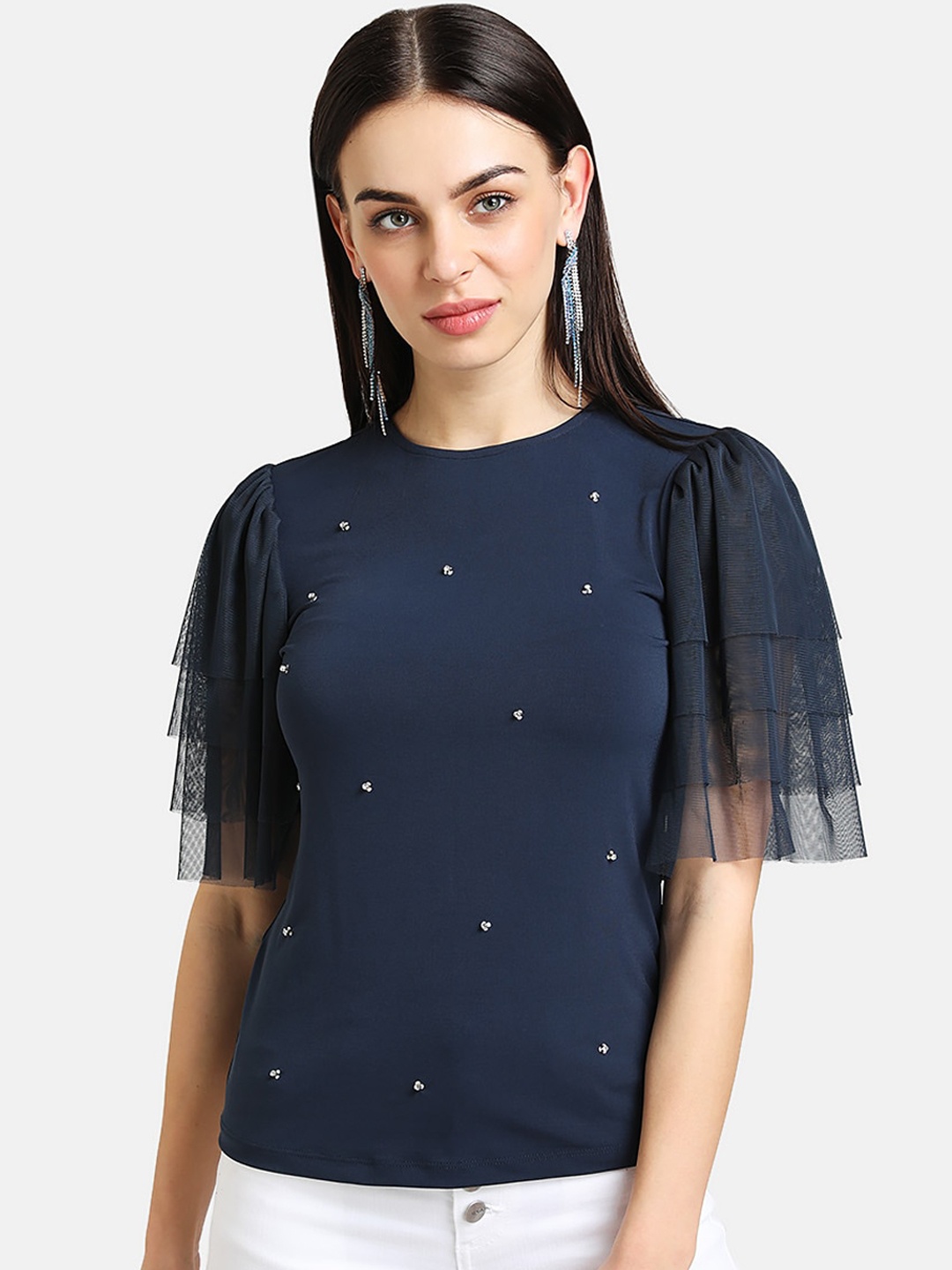 

Kazo Navy Blue Embellished Flared Sleeves Top
