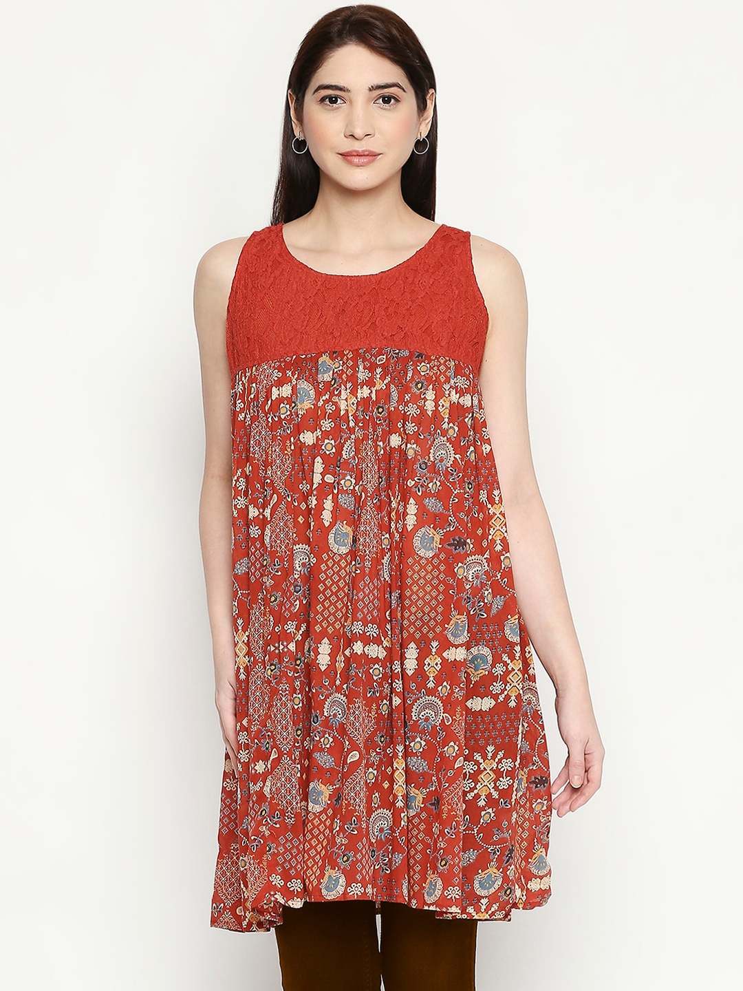 

People Women Rust Brown & Blue Printed Tunic