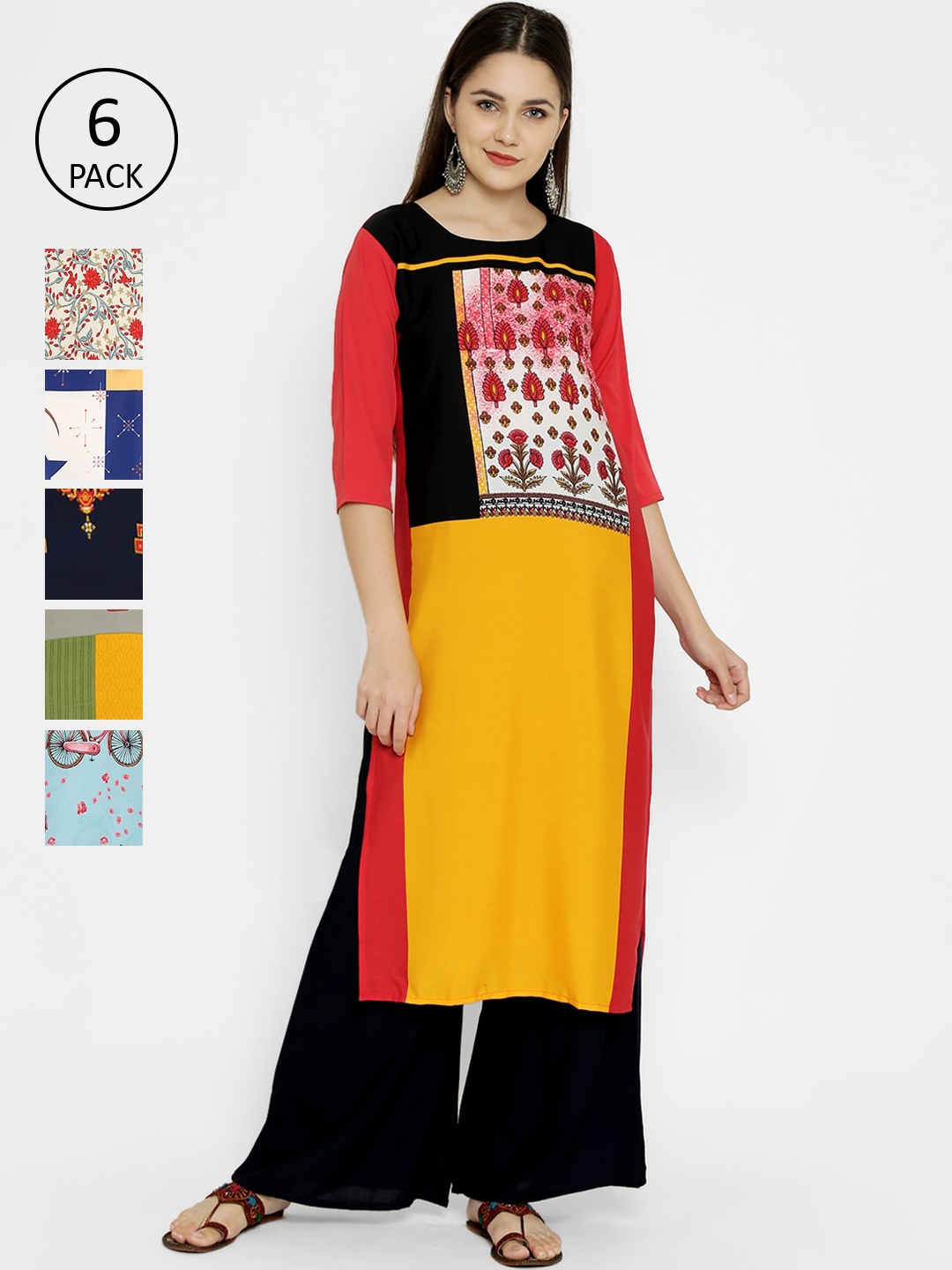 

7Threads Pack Of 6 Geometric Printed Crepe Kurta, Multi