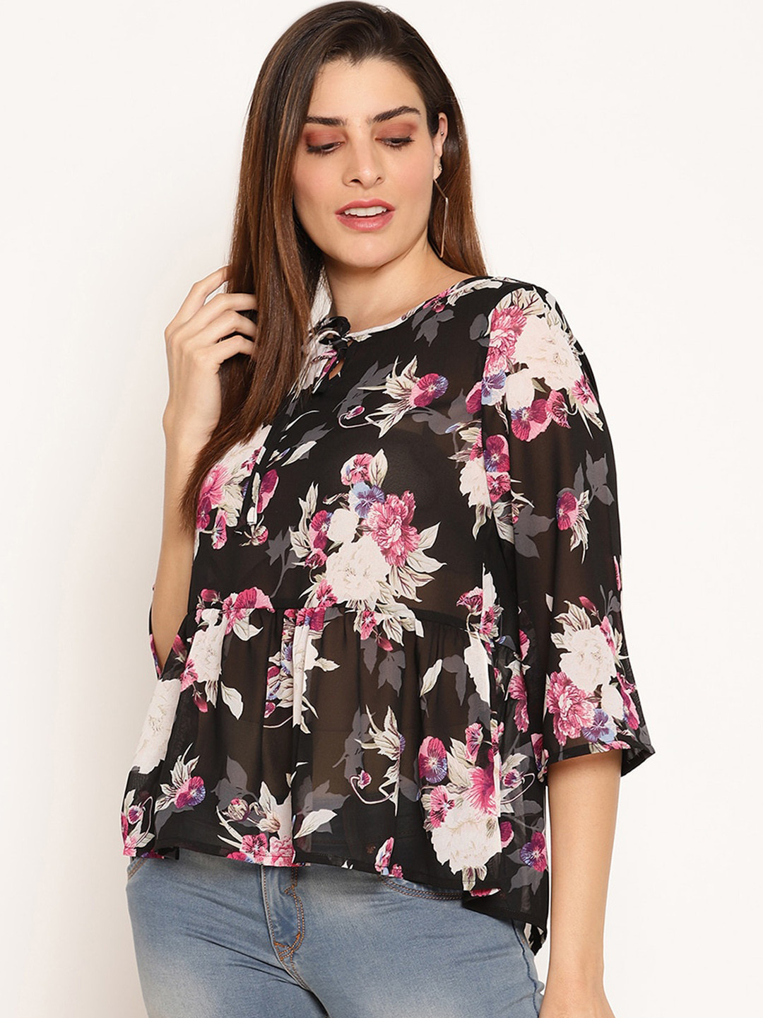

Ruhaans Black Floral Printed Tie-Up Neck Georgette High-Low Top