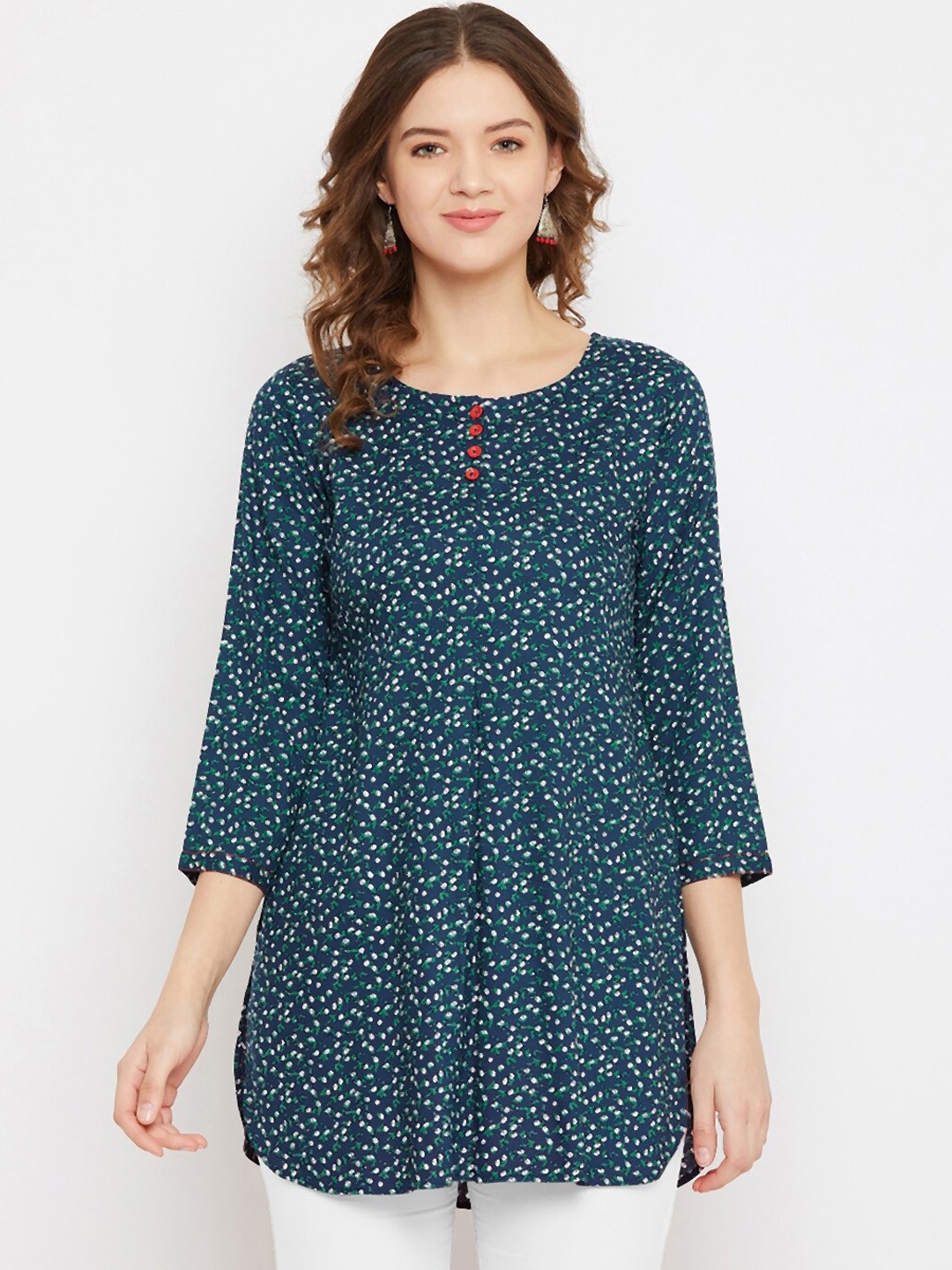 

Tissu Women Navy Blue & White Printed Straight Kurti
