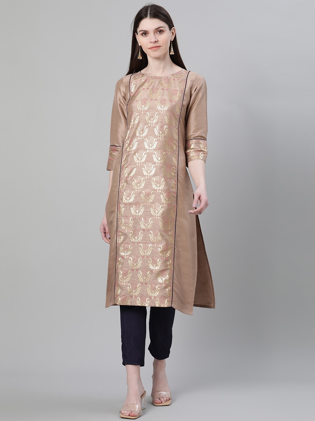 ZIYAA Women Brown Woven Design Straight Kurta