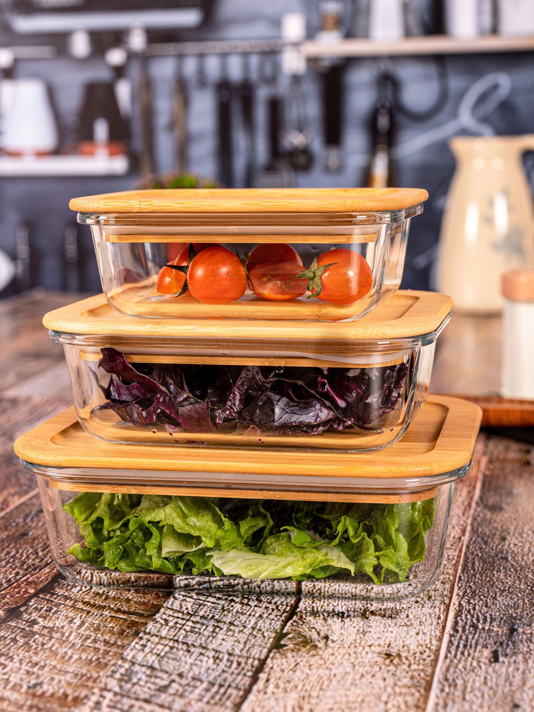 

GOODHOMES Set Of 3 Glass Storage Box With Airtight Wooden Lid, Transparent
