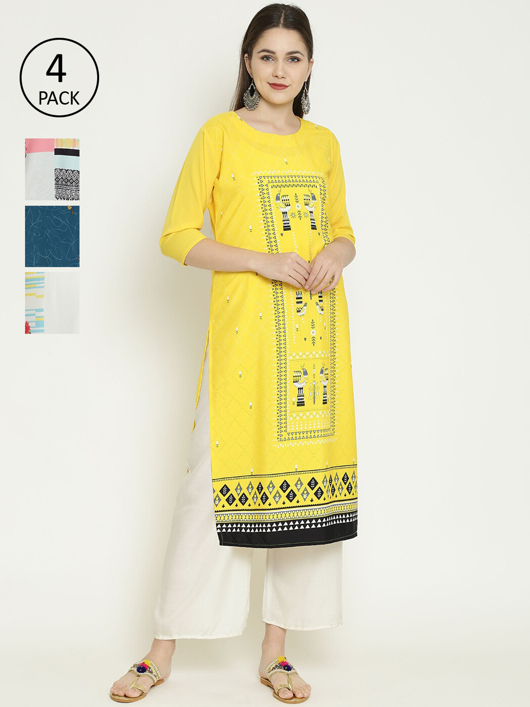 

7Threads Pack Of 4 Ethnic Motifs Printed Crepe Kurta, Multi