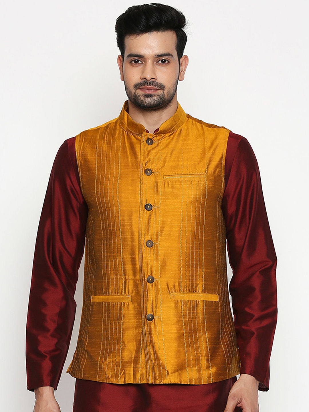 

indus route by Pantaloons Mens Mustard Yellow Woven Design Waist Coat
