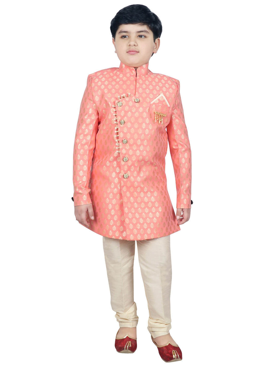 

SG YUVRAJ Boys Peach-Coloured & White Woven-Design Sherwani