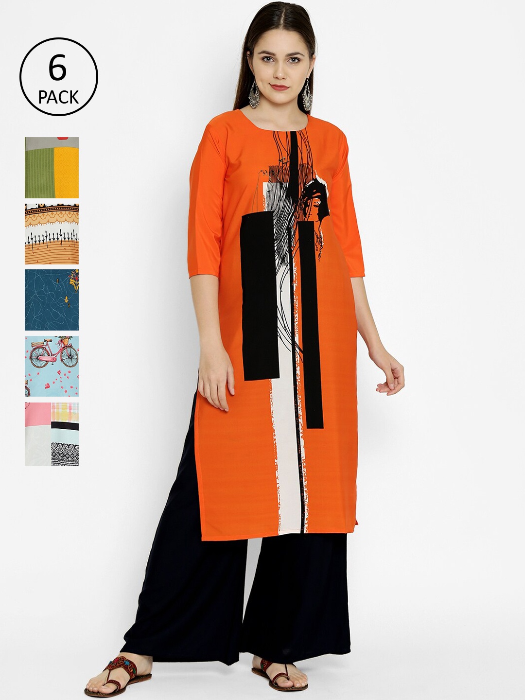 

7Threads Women Multicoloured Colourblocked Crepe Kurta Pack of 6, Multi