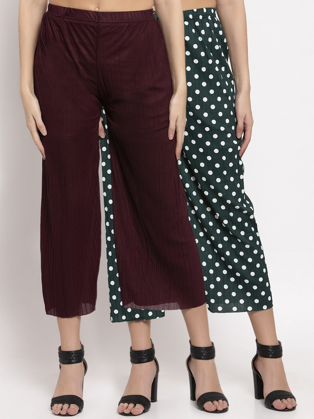 

KLOTTHE Women Pack of 2 Printed Wide Leg Palazzos, Green