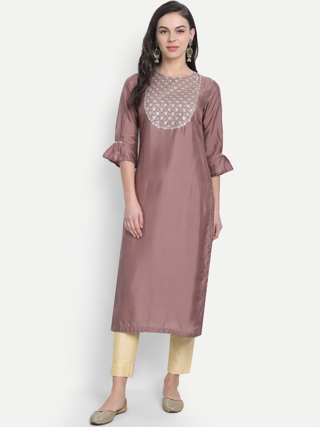 

fabGLOBAL Women Mauve Yoke Design Straight Kurta