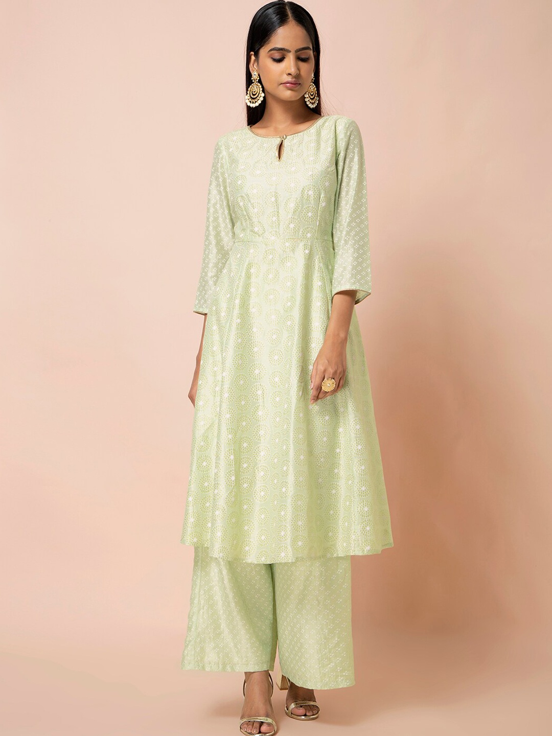 

INDYA Mint Circular Foil Anarkali Kurta, Green