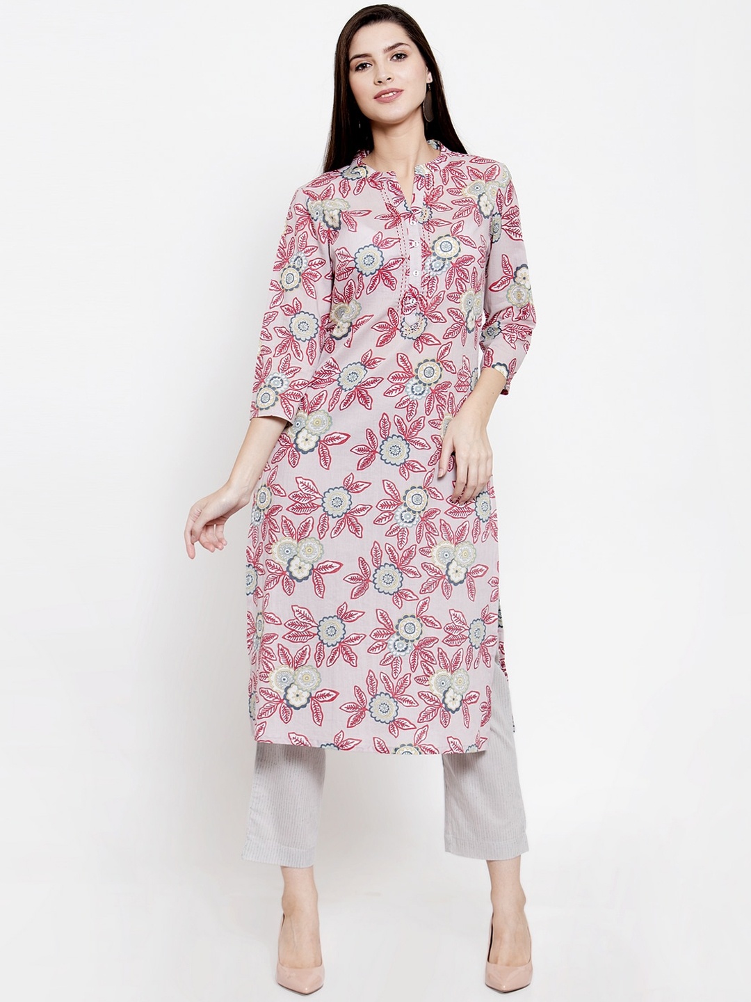 

The Kurta Express Women Grey & Pink Printed Kurta with Trousers
