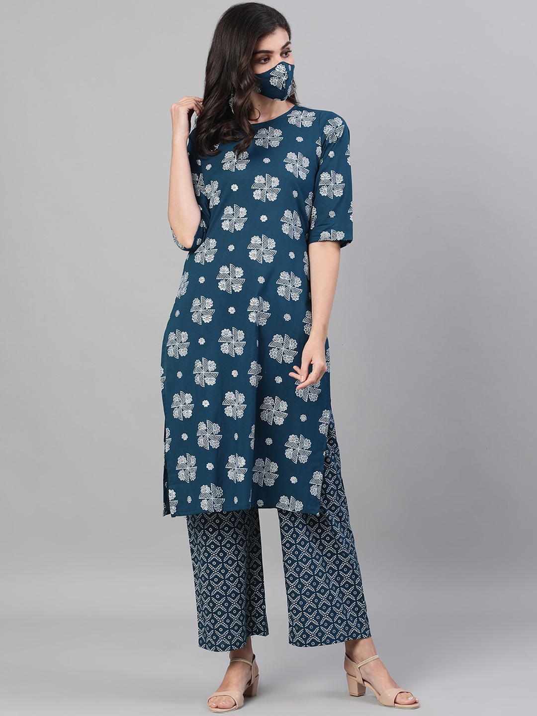 

Nayo Women Blue Printed Kurta with Palazzos