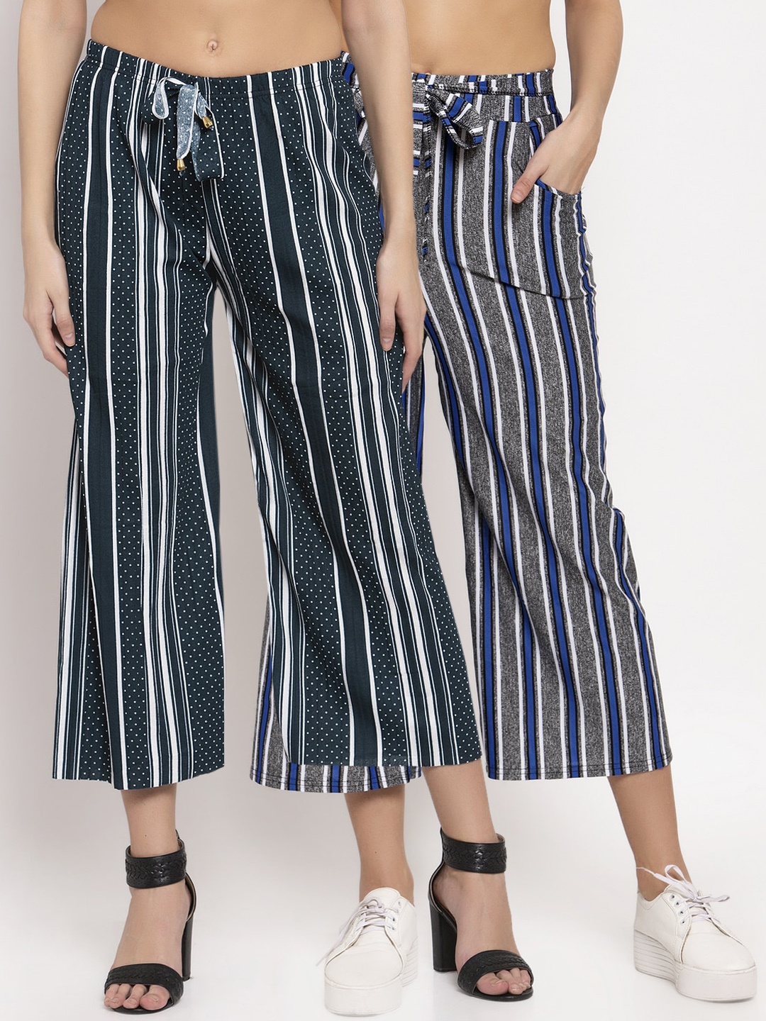 KLOTTHE Women Pack Of 2 Striped Wide Leg Palazzos, Green