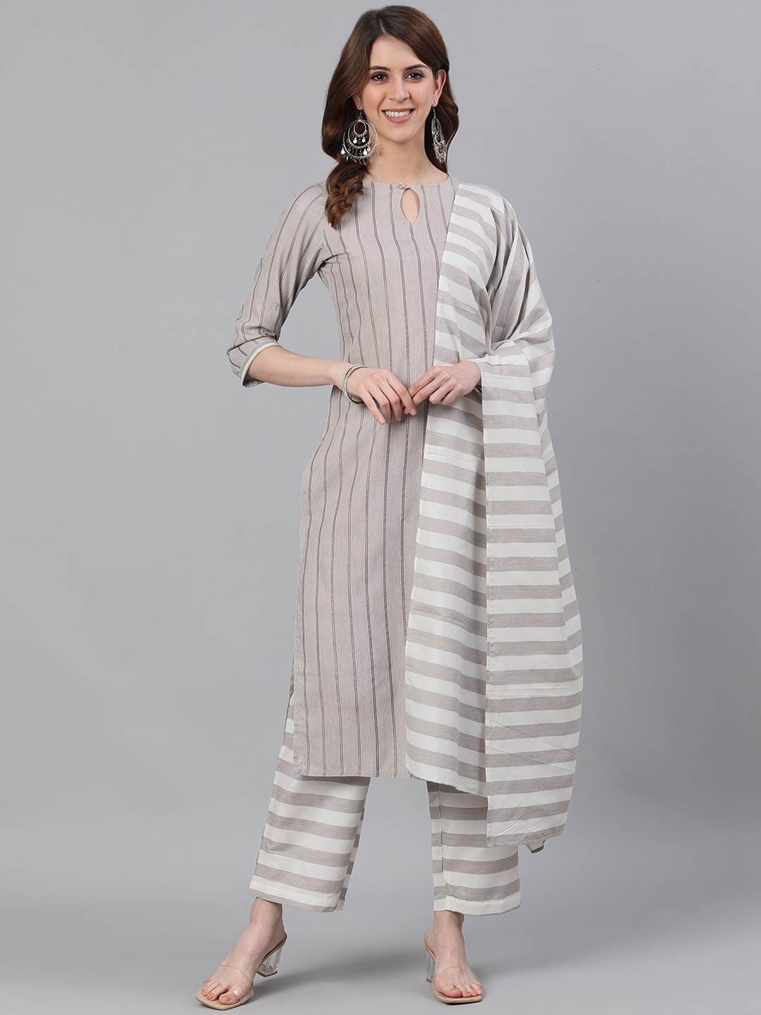 

Jaipur Kurti Women Brown & Grey Striped Kurta with Palazzos & Dupatta