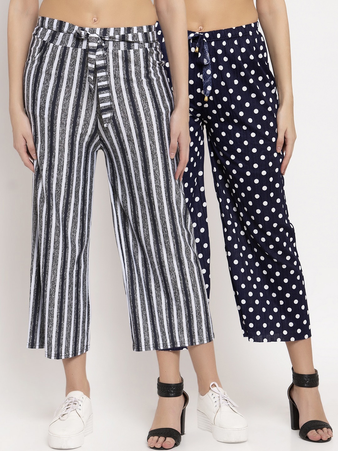 

KLOTTHE Women Pack of 2 Printed Wide Leg Palazzos, Navy blue