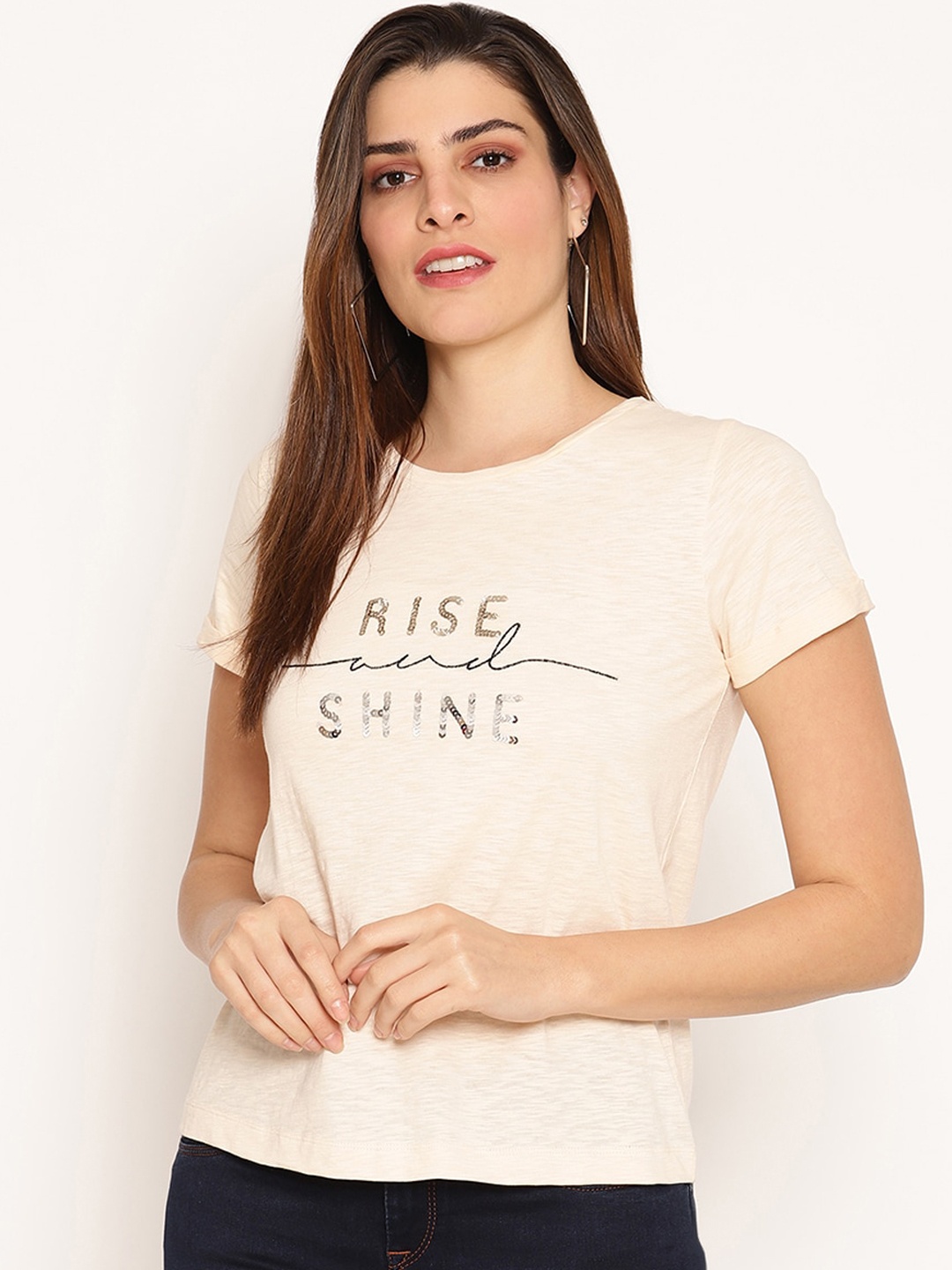

HOUSE OF KKARMA Women Peach-Coloured Printed Round Neck T-shirt