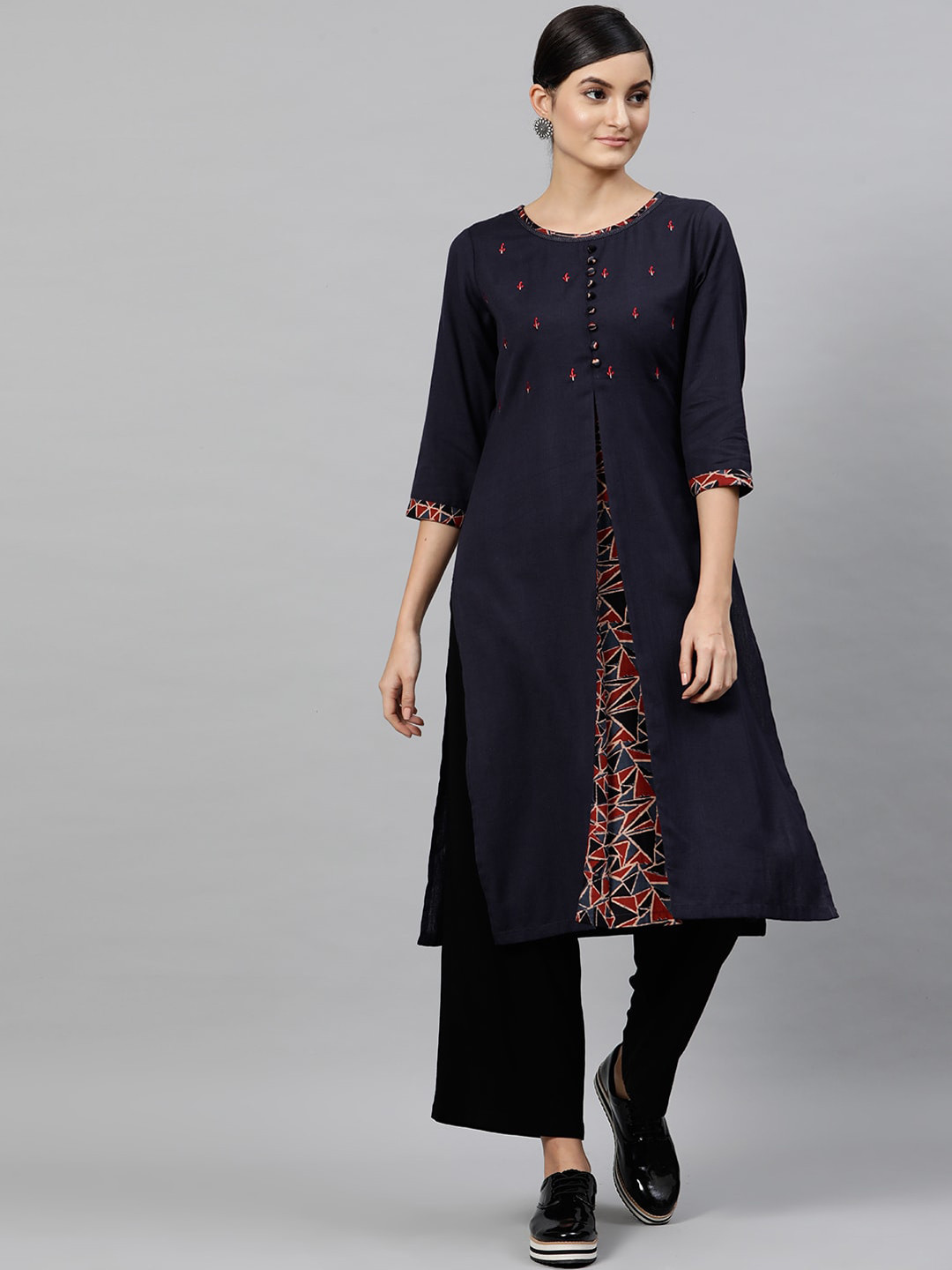 

Street 9 Women Navy Blue Embroidered A-line Kurta