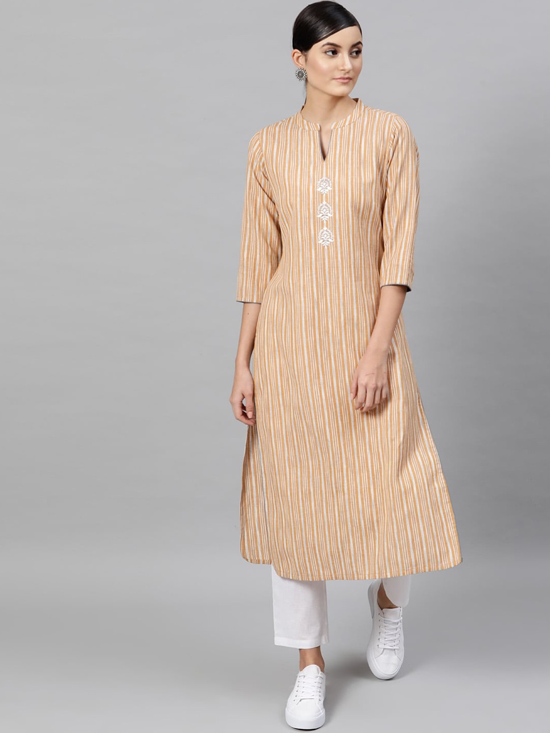 

STREET 9 Women Beige & White Striped Kurta with Trousers