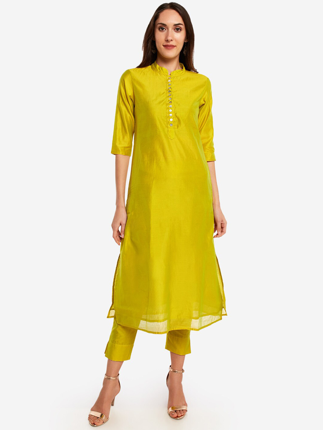 

Desi Weavess Women Lime Green Mandarin Collar Kurta
