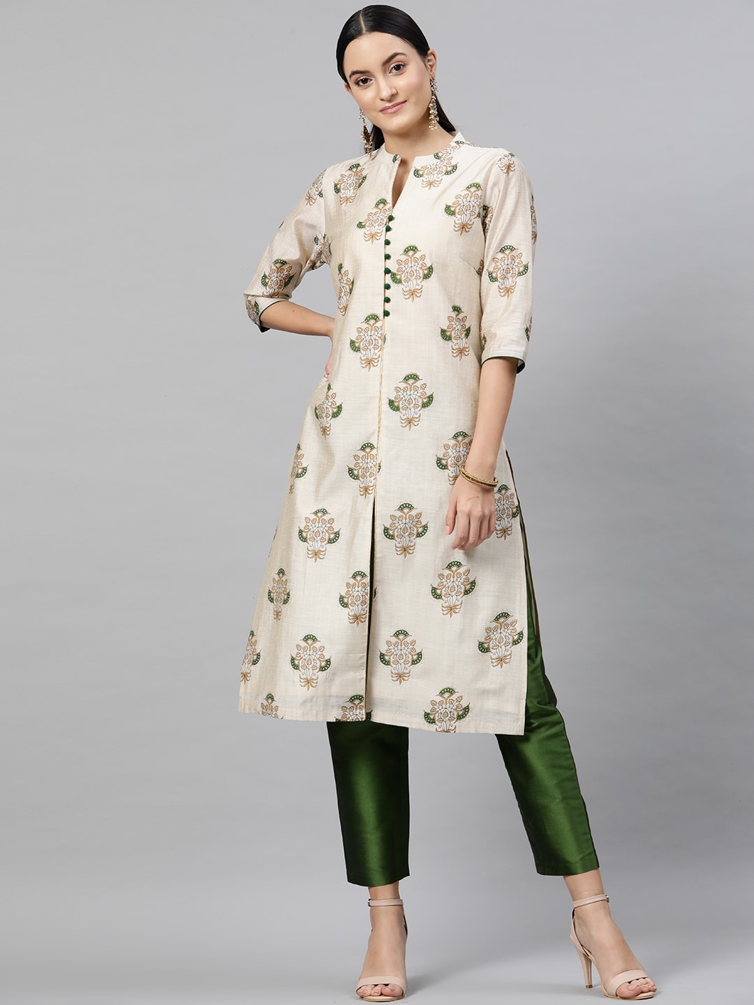 

STREET 9 Women Cream-Coloured & Green Printed Kurta with Trousers