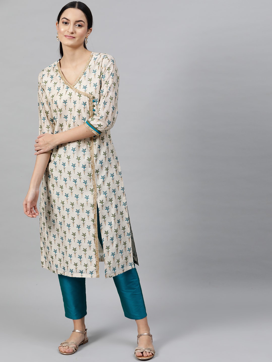 

STREET 9 Women Cream-Coloured & Turquoise Blue Printed Kurta with Trousers