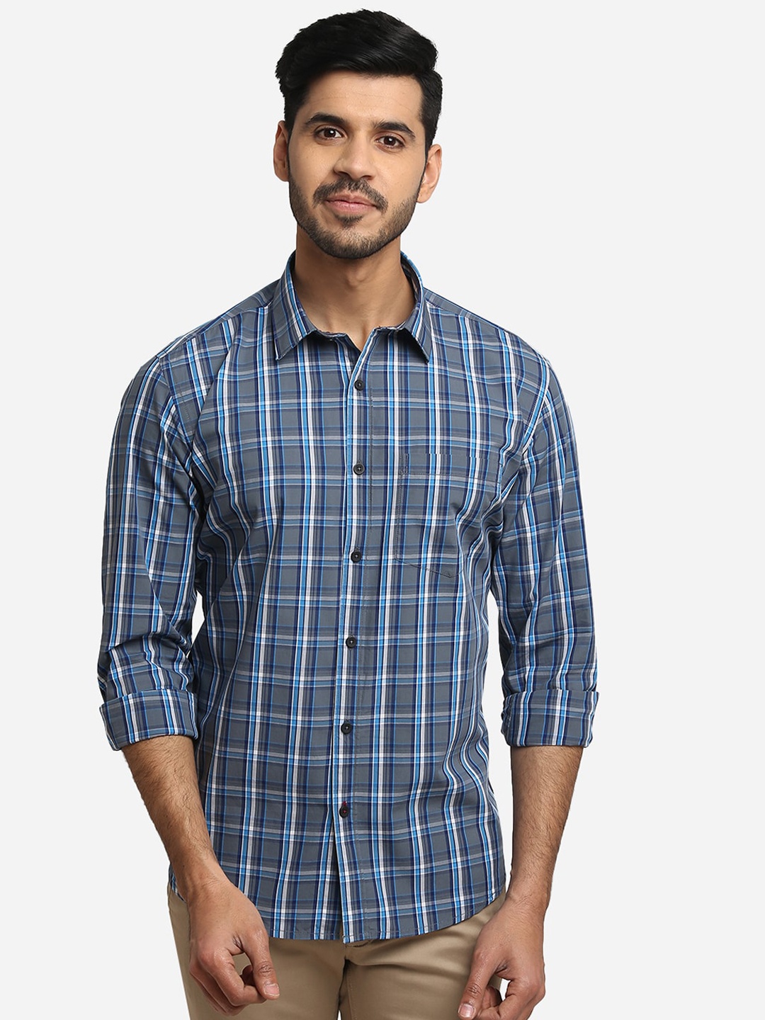 

Greenfibre Men Blue Regular Fit Checked Casual Shirt