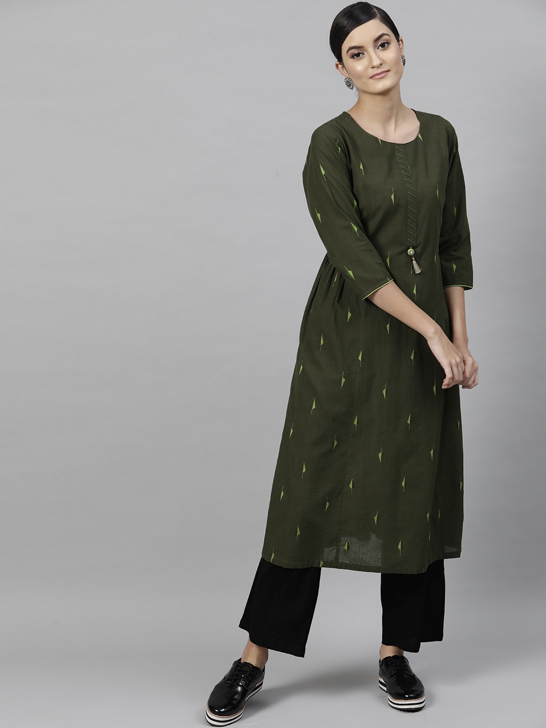 

STREET 9 Women Olive Green Geometric Kurta