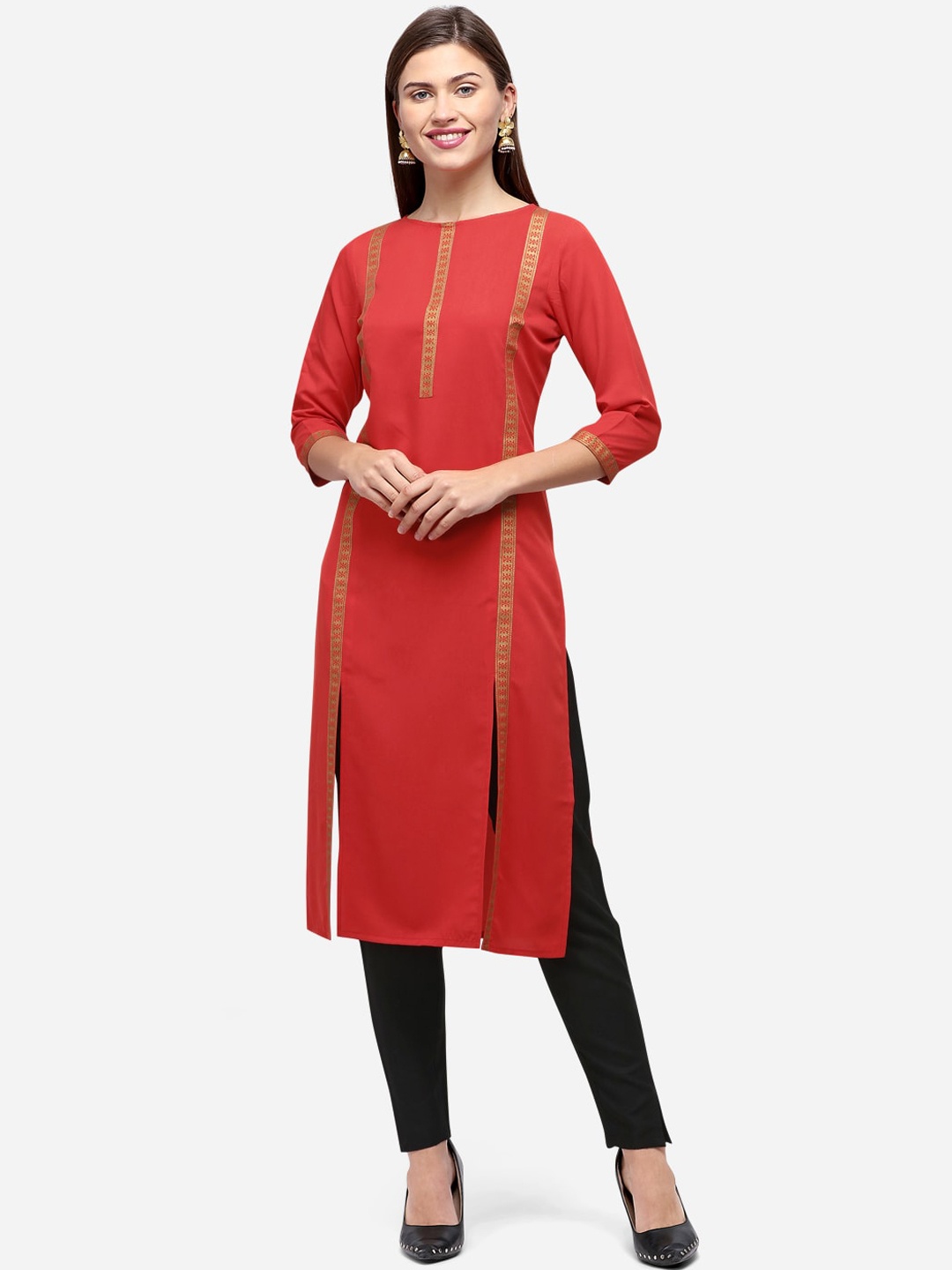 

SANISA Women Red Ethnic Motifs Yoke Design Crepe Kurta