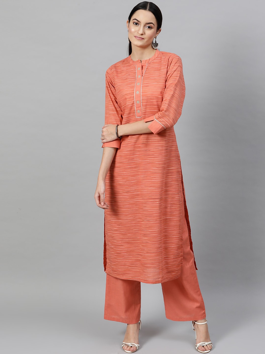 

STREET 9 Women Orange Self Design Kurta with Palazzos