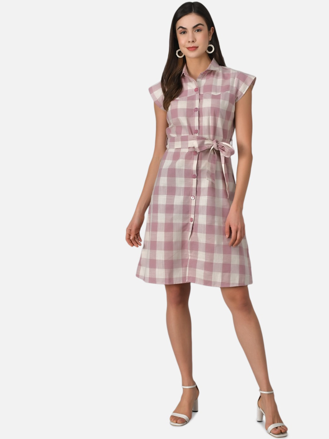Purple State Women White Checked Shirt Dress