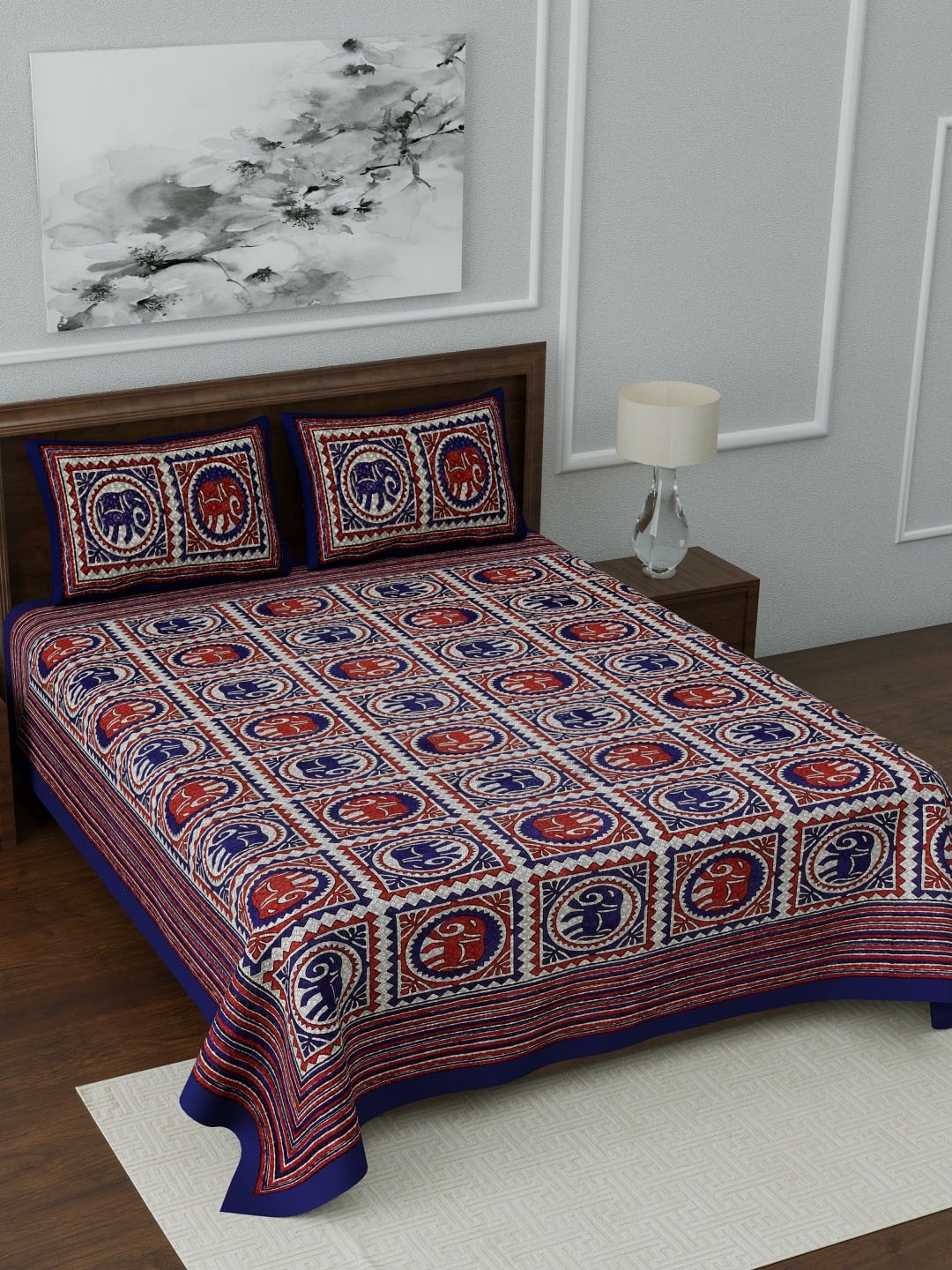 

LIVING ROOTS Grey & Navy Blue Ethnic Motifs 144 TC Cotton 1 Queen Bedsheet with 2 Pillow Covers