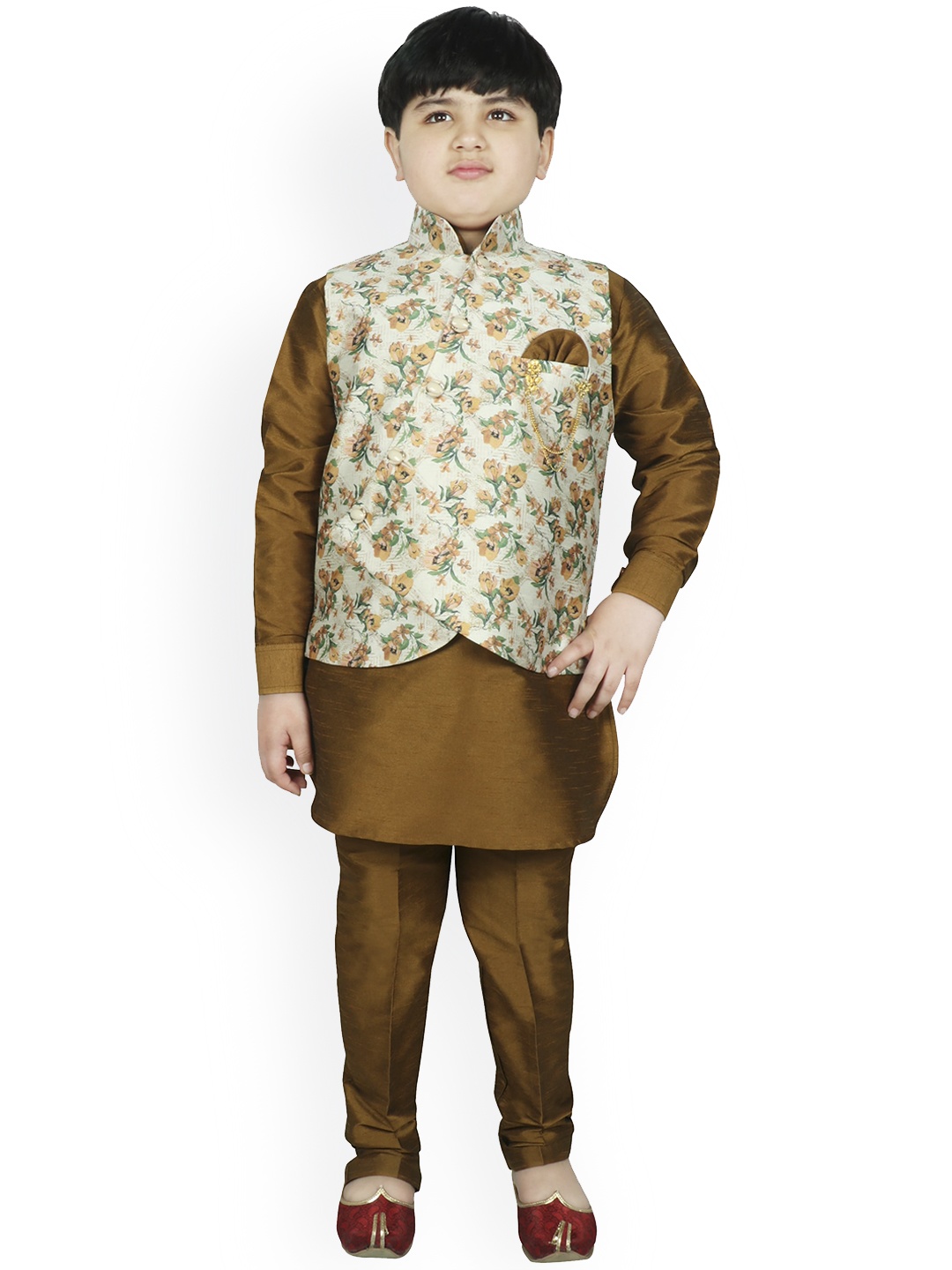 

SG YUVRAJ Boys Brown & Cream-Coloured Solid Kurta with Trousers & Jacket