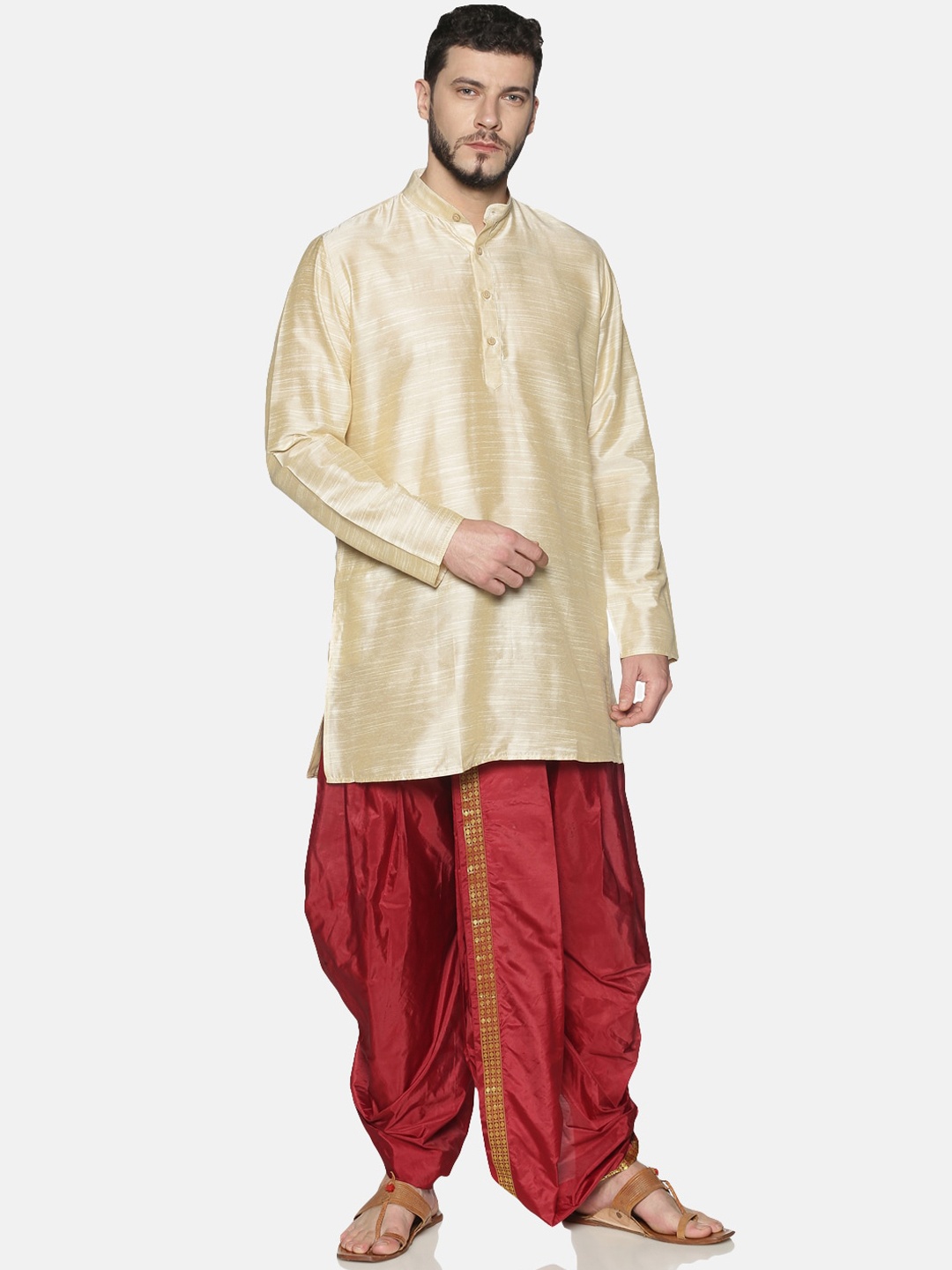 

TATTVA Men Beige & Maroon Solid Kurta with Dhoti Pants