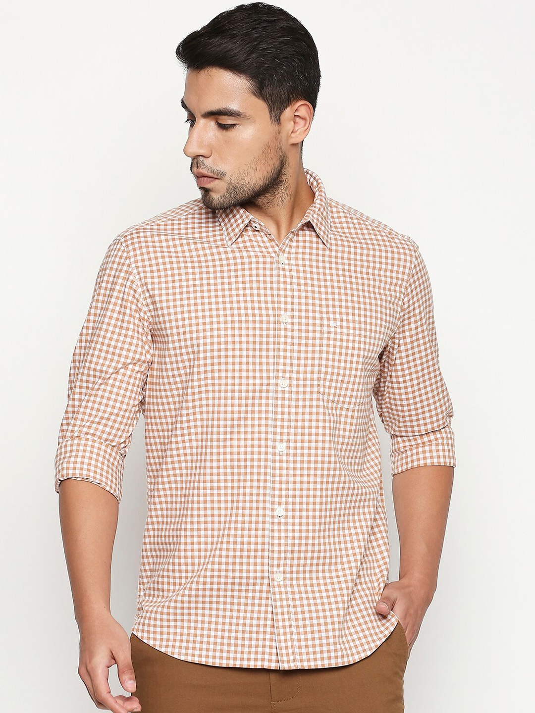Basics Men Brown Slim Fit Checked Casual Shirt