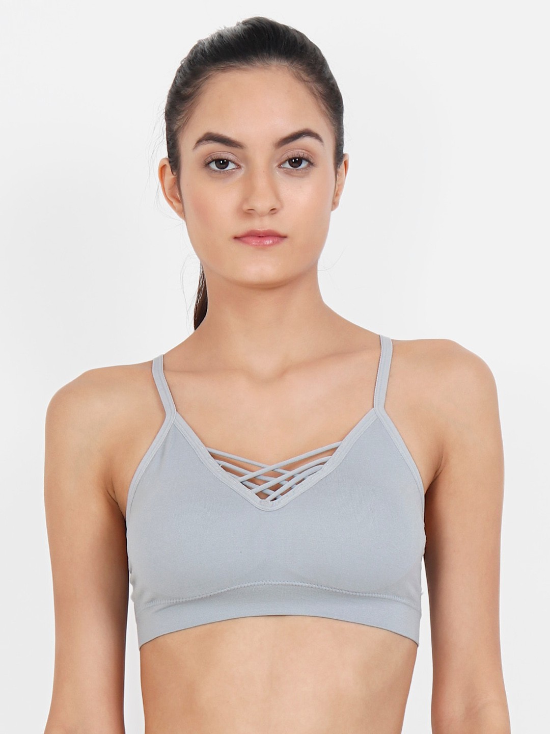 

Lebami Grey Solid Non-Wired Removable Padding Workout Bra 845_Grey