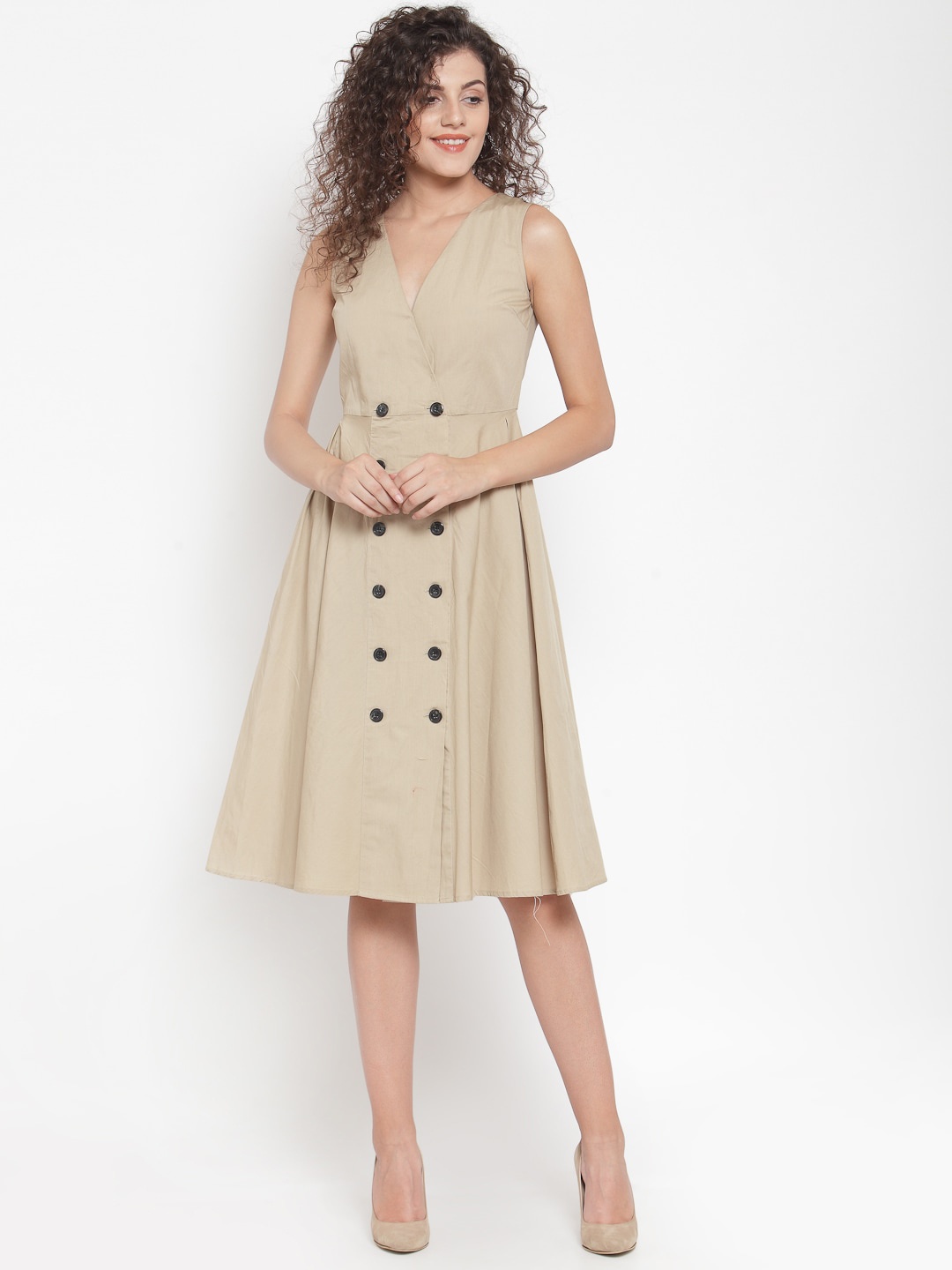 

Purple State Women Beige Solid Wrap Dress