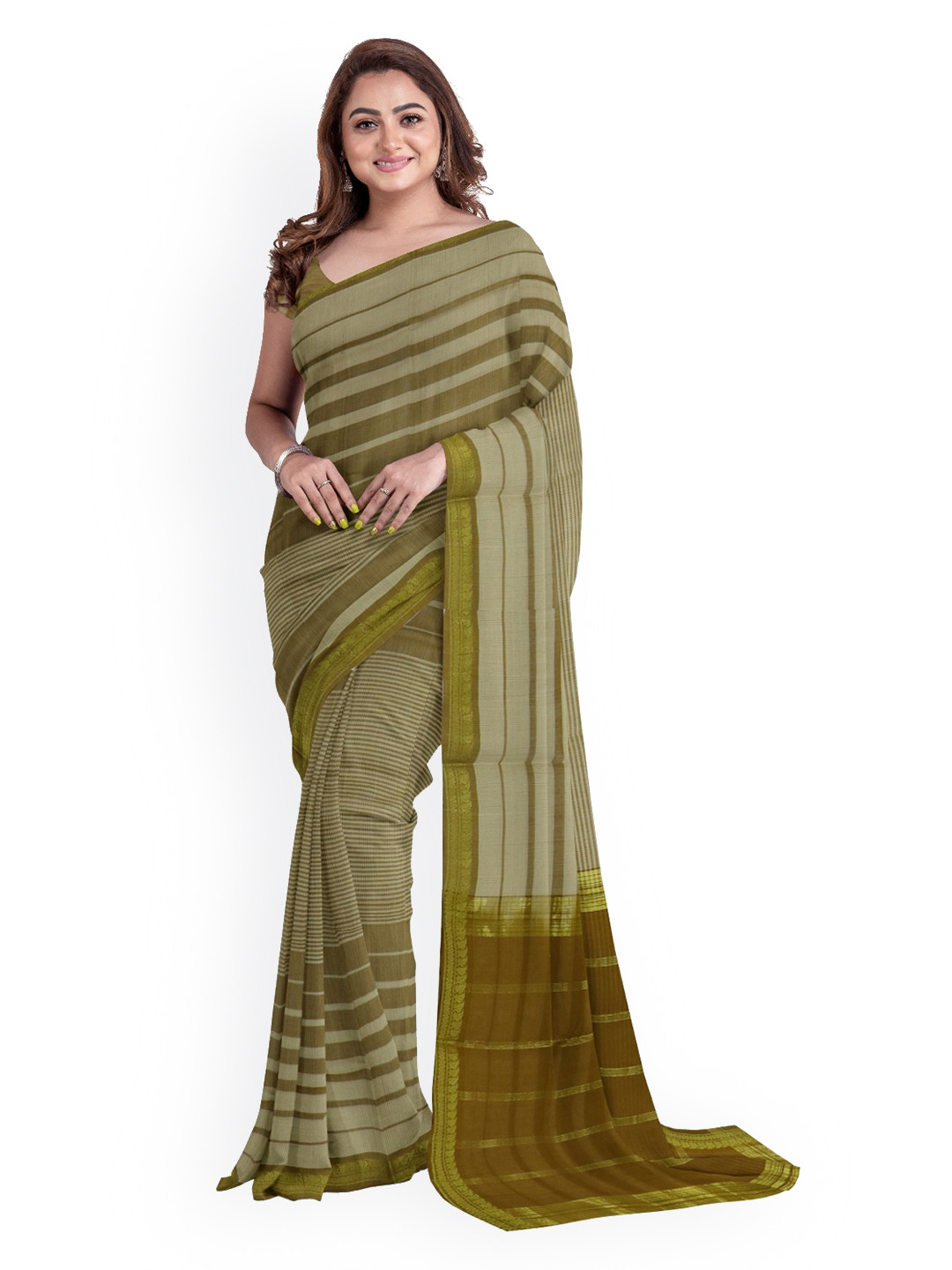 

APCO Olive Green Striped Pure Cotton Sustainable Saree