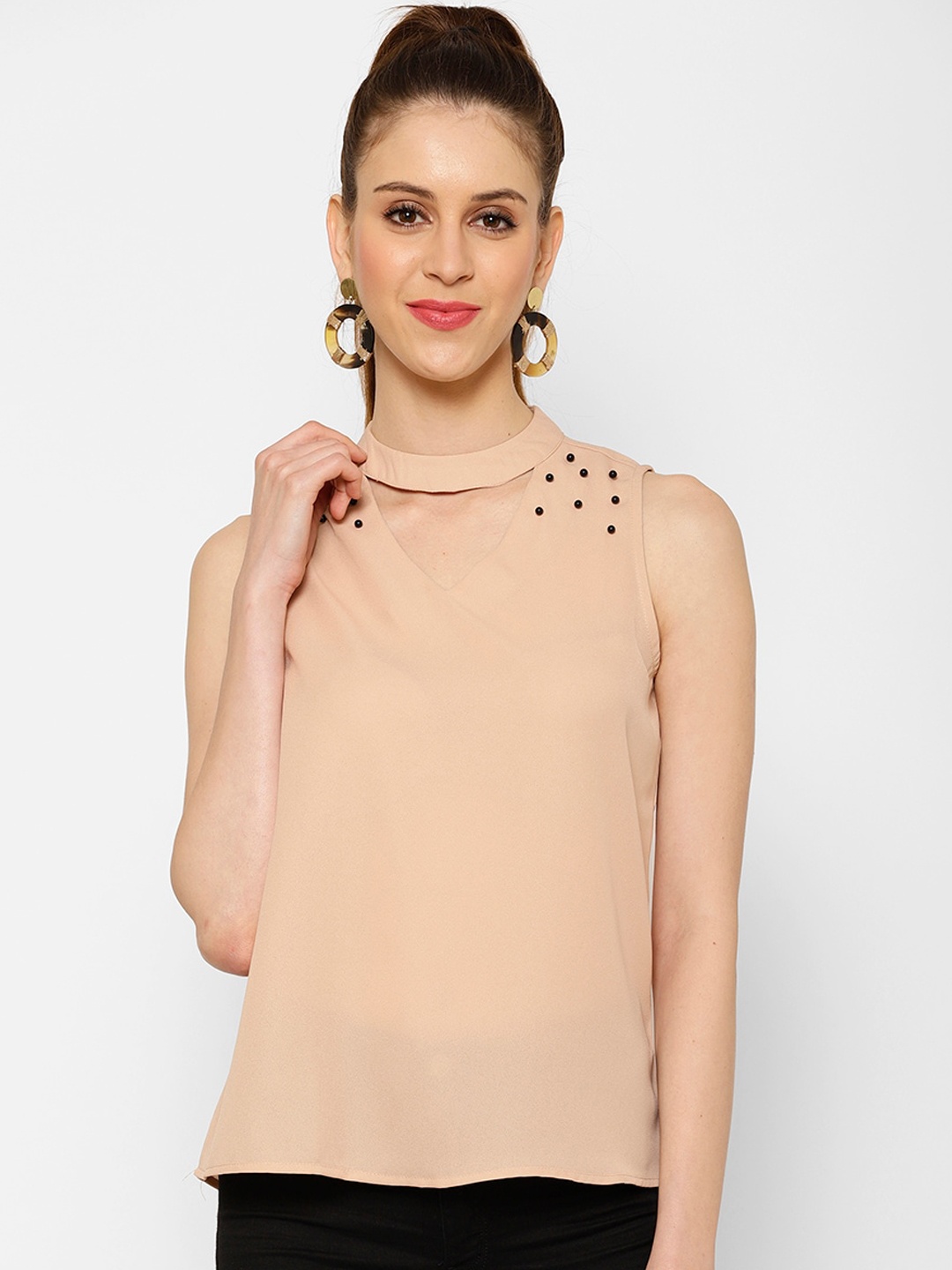 KASSUALLY Beige Keyhole Neck Studded Georgette Top