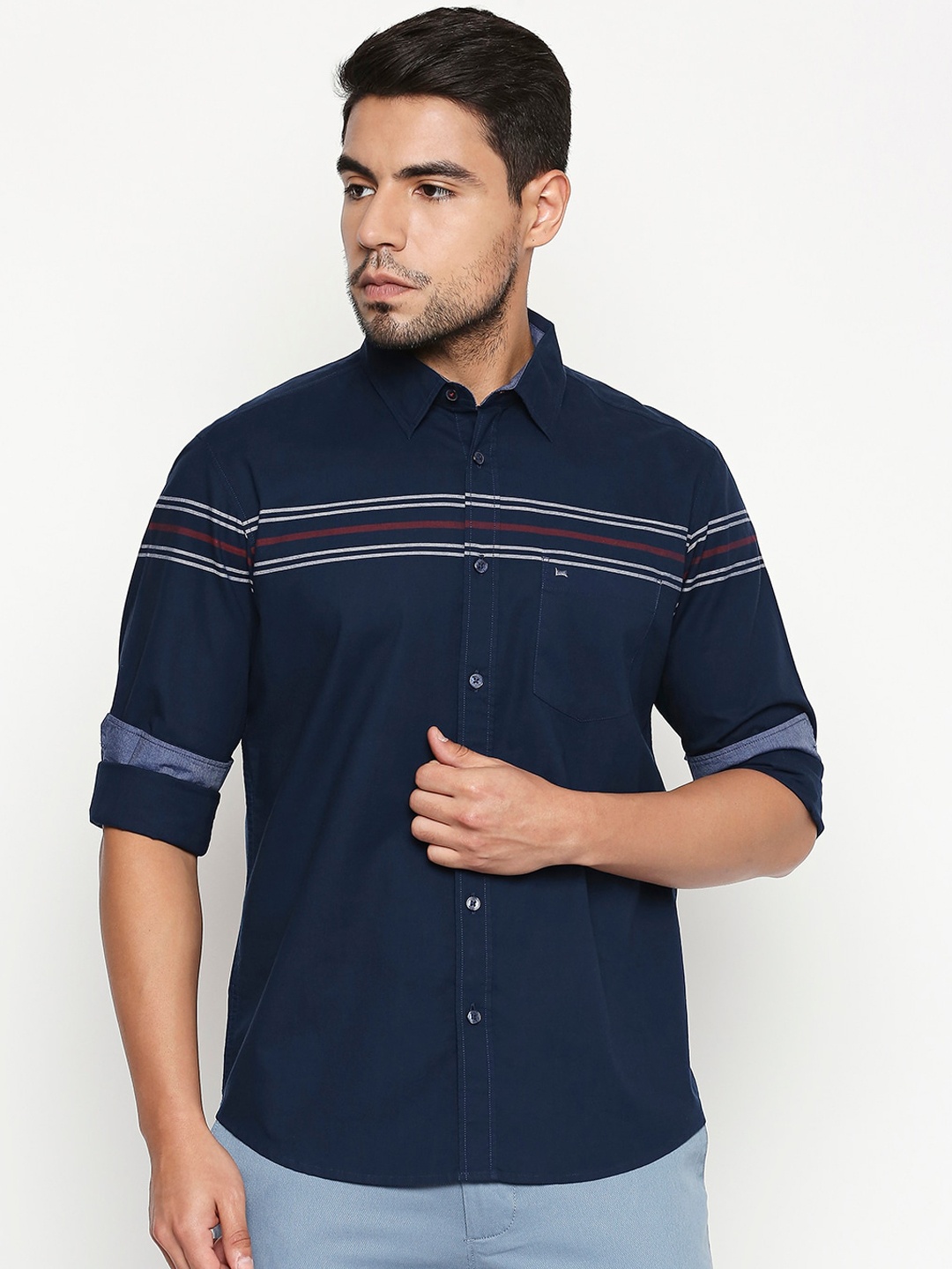 

Basics Men Navy Blue Slim Fit Striped Casual Shirt