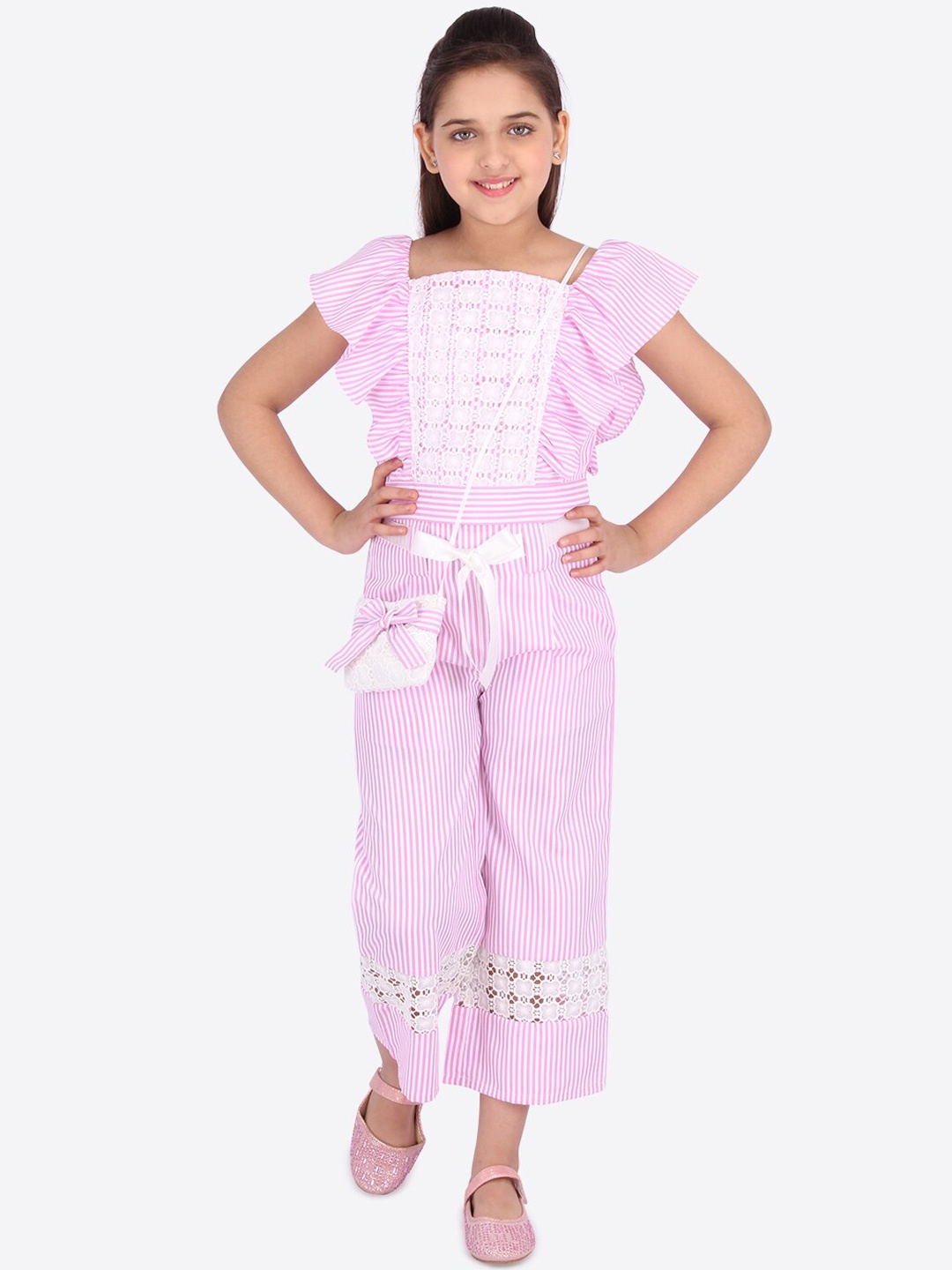 

CUTECUMBER Girls Pink & White Striped Top with Trousers