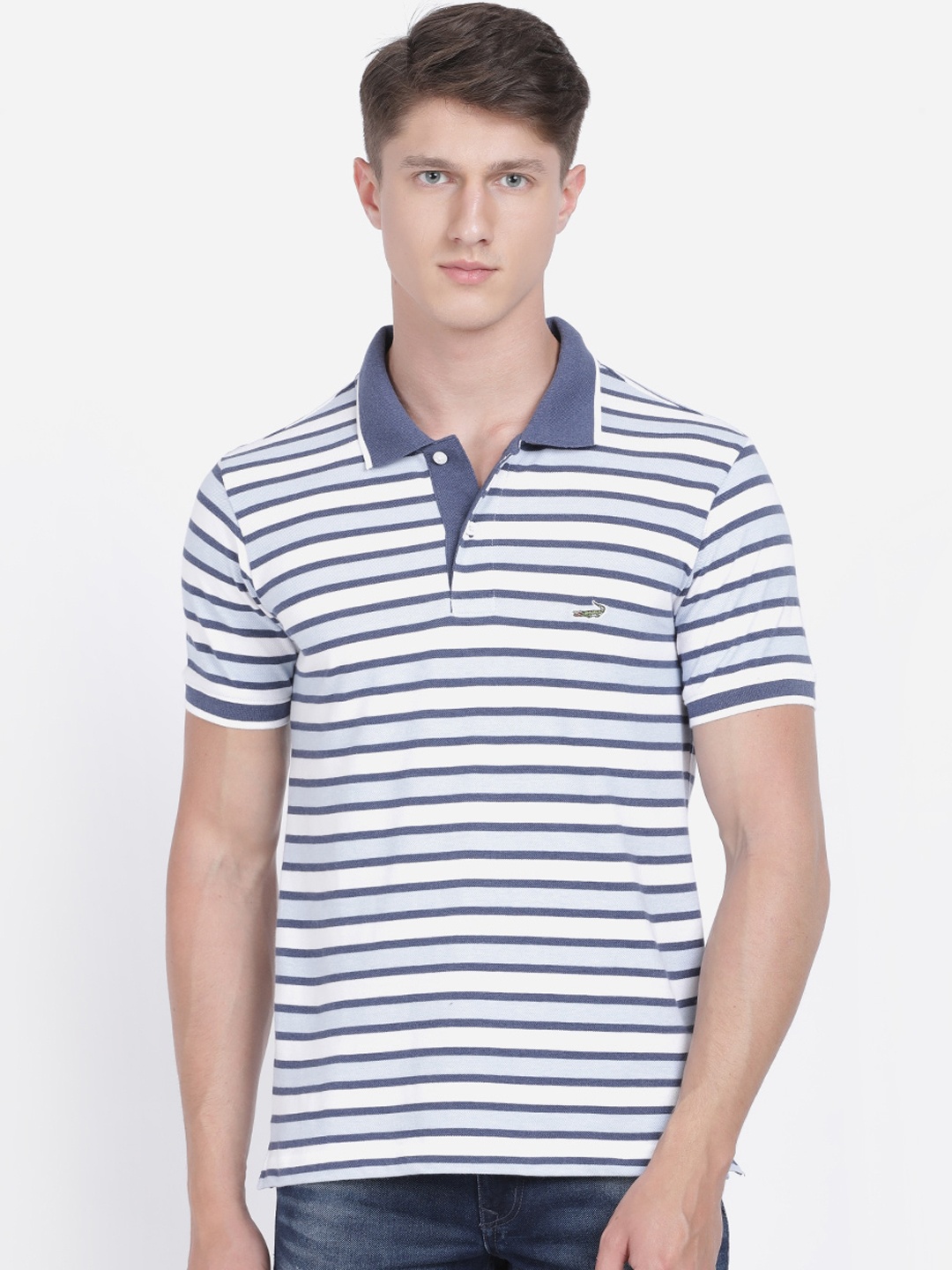 

Crocodile Men Navy Blue & White Striped Polo Collar T-shirt