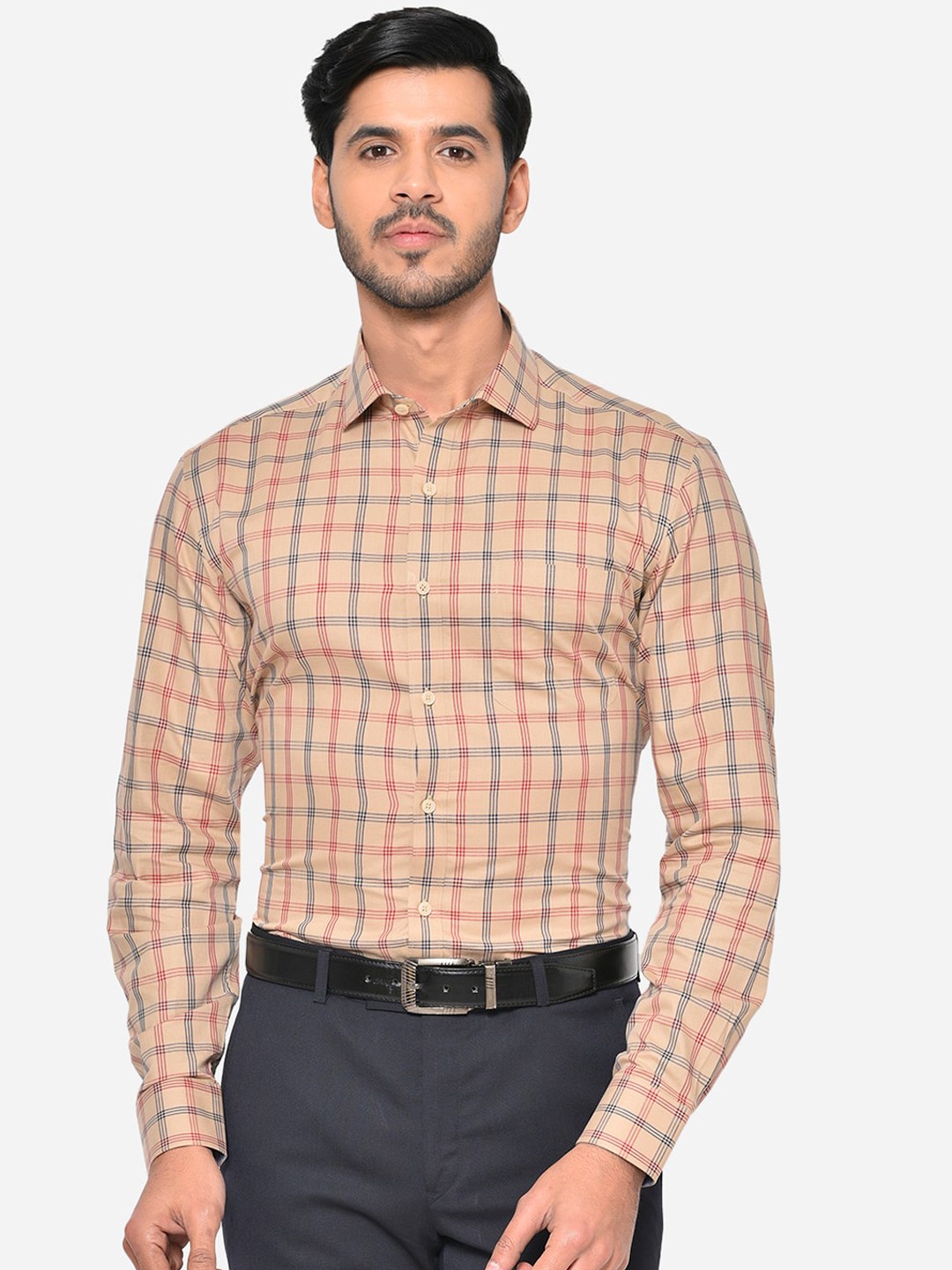 

JADE BLUE Men Beige & Red Slim Fit Checked Formal Shirt